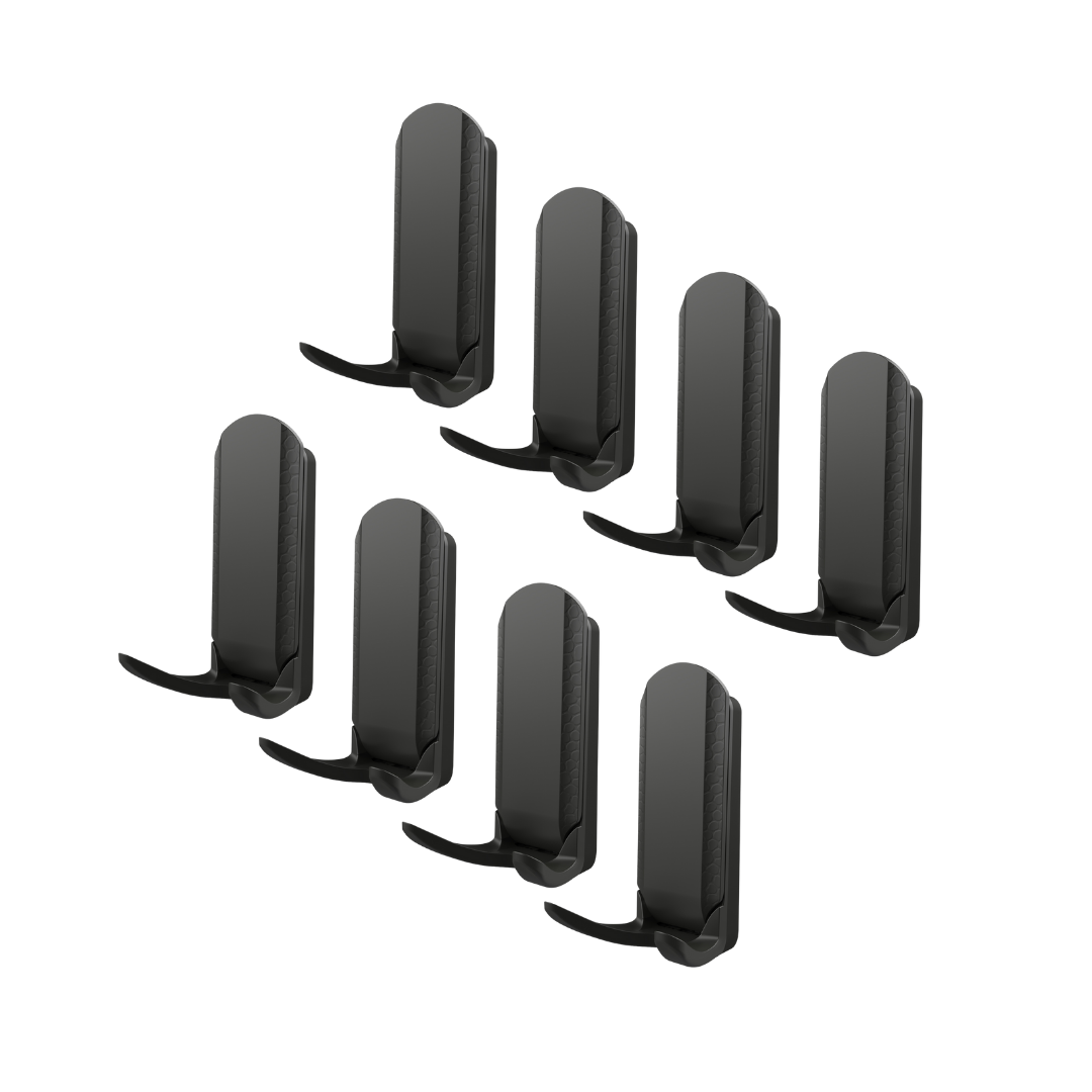 Set of eight black Gator Magnetics Mini Hooks designed for heavy-duty magnetic storage on steel surfaces, each hook holding up to 15 lbs with patented lever technology.
