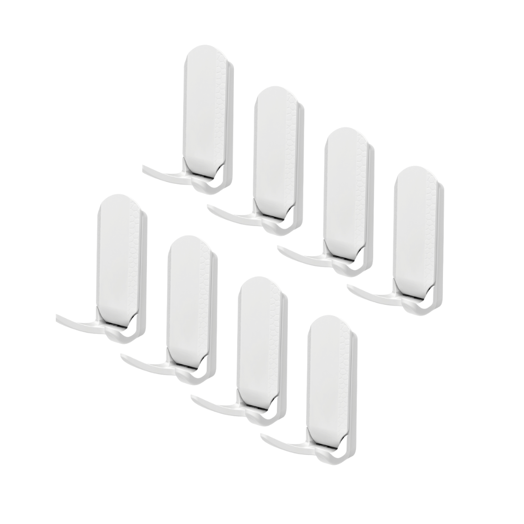 Set of eight white Gator Magnetics Mini Hooks offering heavy-duty magnetic storage on steel surfaces, each hook supporting up to 15 lbs with patented lever technology.