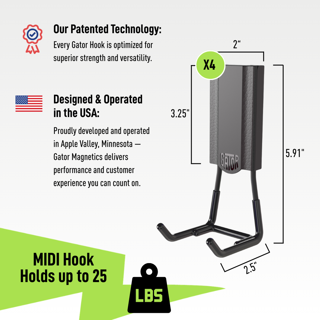 The image shows a Gator Magnetics Hook with detailed dimensions and features, including heavy-duty steel construction and patented technology, designed to hold up to 25 lbs, against a plain white background.