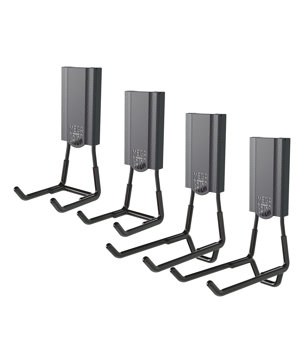 This image showcases our Mega Four-Pack, including two 3" open hooks and two 4.5" open hooks, all in sleek black. Perfect for versatile and heavy-duty storage solutions, this pack provides robust support and organization for your garage or workshop.