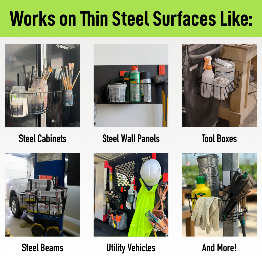 Six images show black magnetic storage baskets from Gator Magnetics attached effortlessly to various thin steel surfaces.