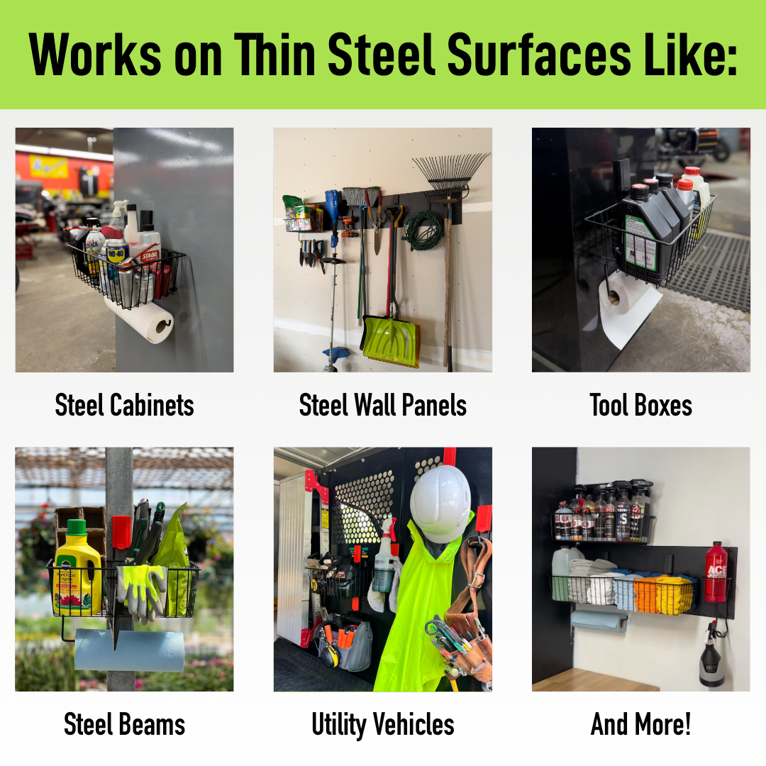 Six images show Gator Magnetics magnetic baskets and red magnetic hooks holding items like spray bottles, gloves, paper towels, garden chemicals, a coiled hose, a helmet, safety vest, cleaning supplies, and automotive fluids on steel cabinets, steel building wall panels, a steel toolbox, a steel beam, inside a utility vehicle, and a steel wall panel system, illustrating versatile golf club storage ideas and heavy-duty organization on thin steel surfaces without permanent installation.