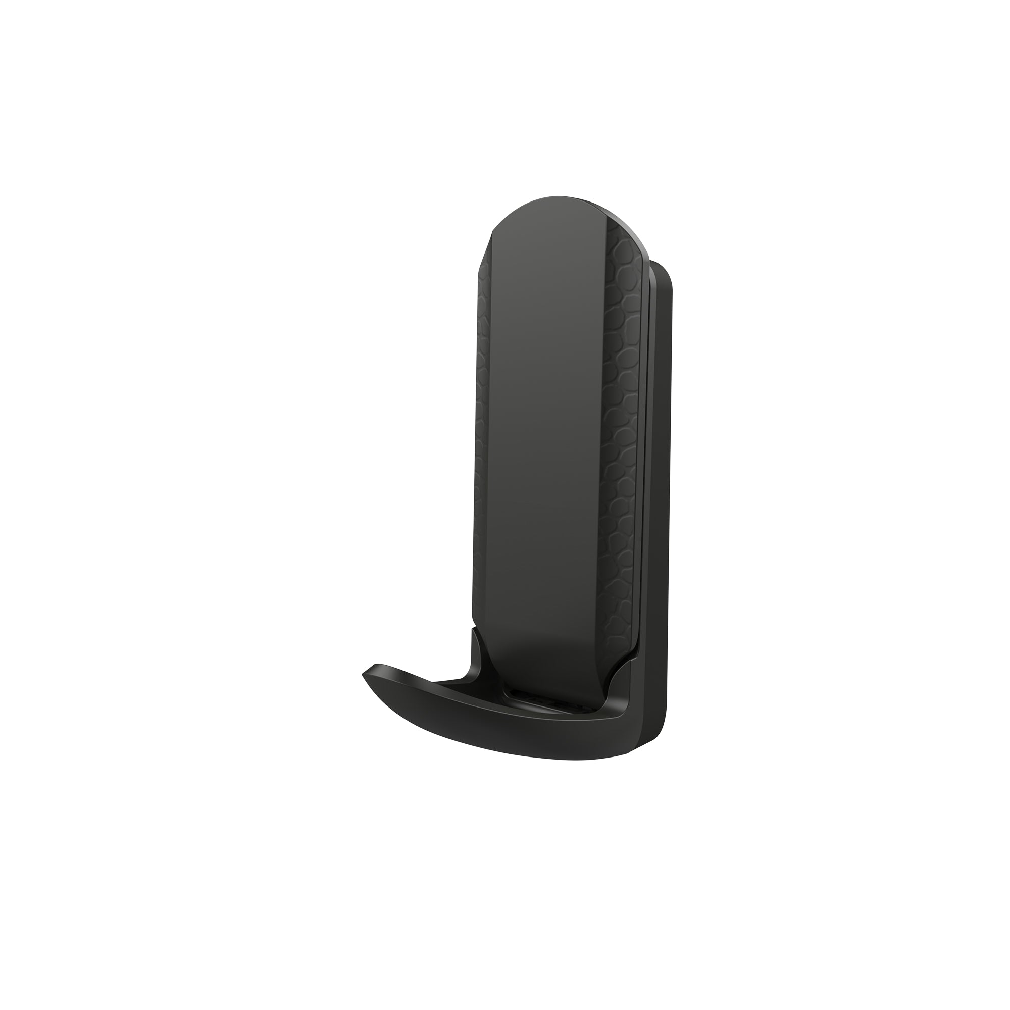 Black magnetic hook with a sleek, curved lever design and textured side detailing, designed for mounting on steel surfaces.