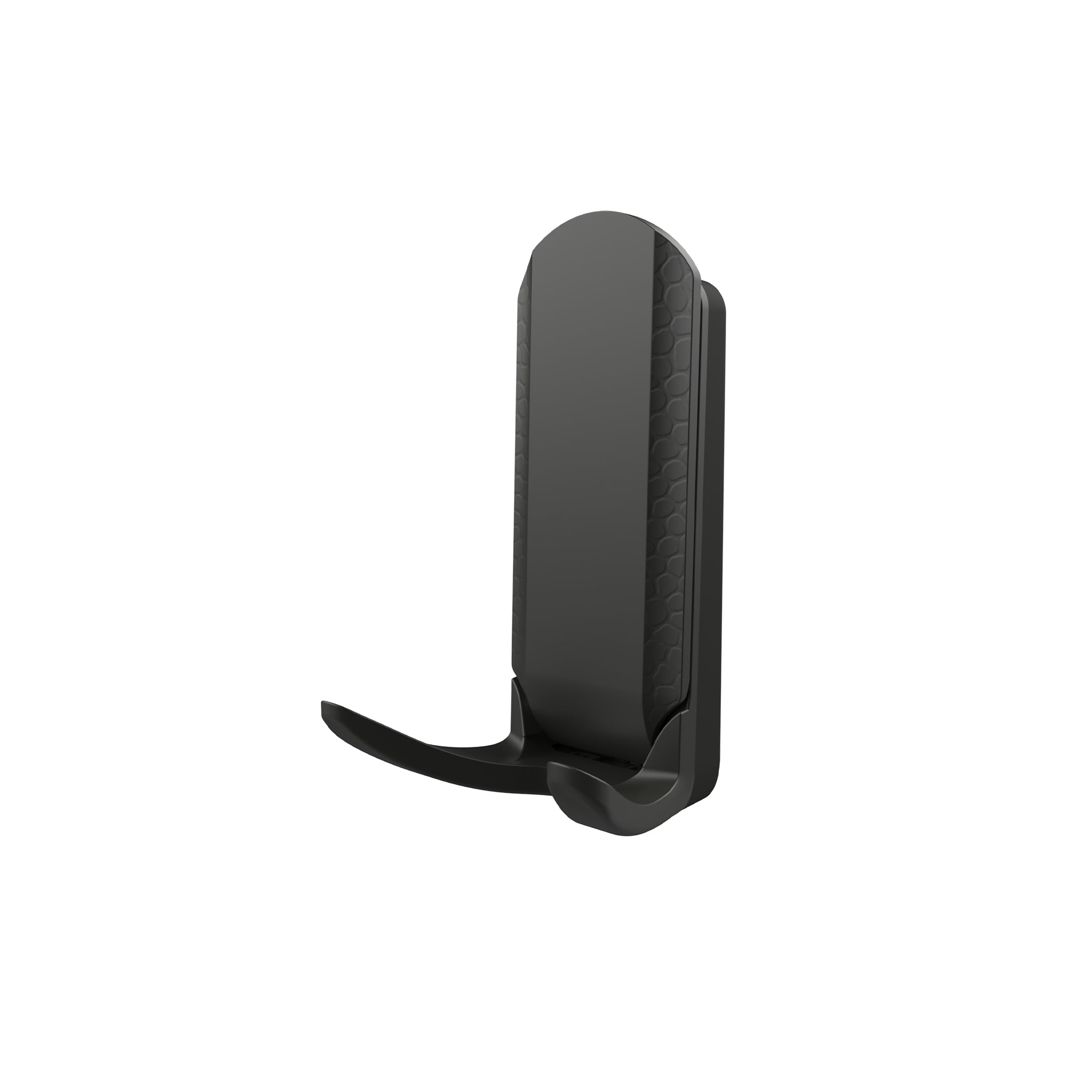 Black magnetic hook with an extended curved lever design and textured side detailing, ideal for secure storage on steel surfaces.