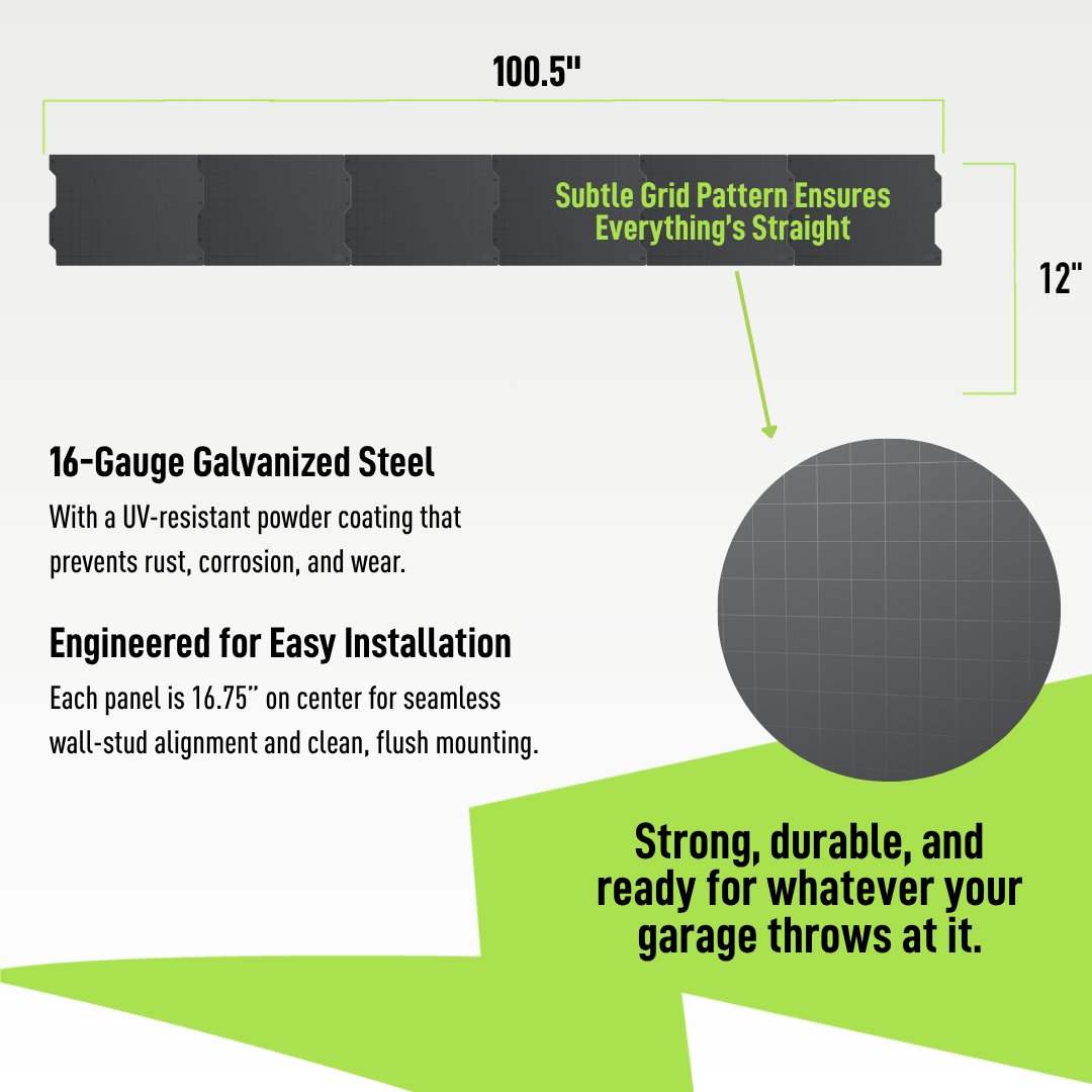 100-inch black steel wall panel system specifications and 16-gauge construction.