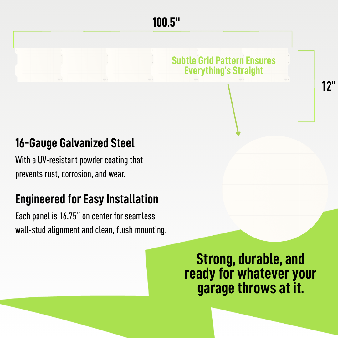 100-inch white steel wall panel system specifications and 16-gauge construction.