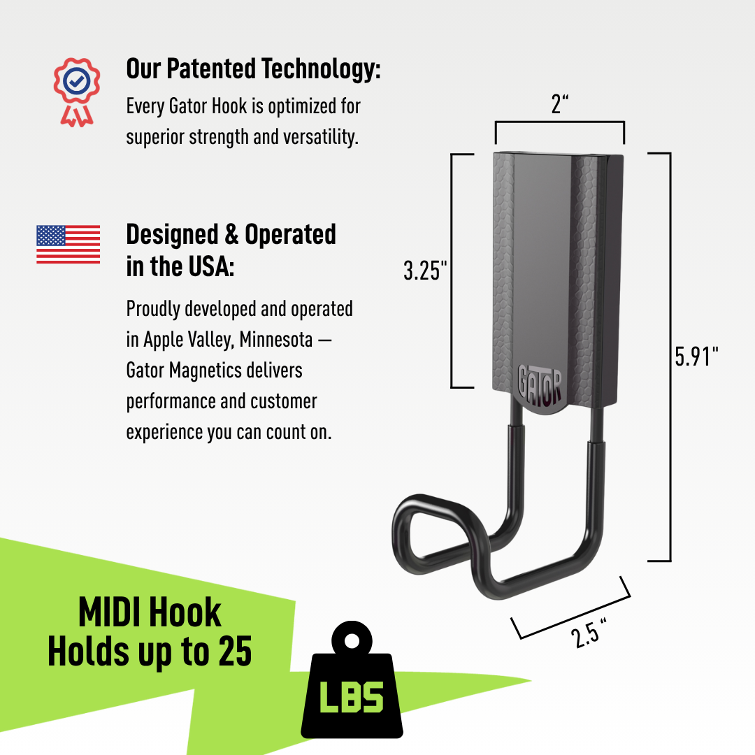 Gator 2.5-inch MIDI magnetic hook dimension diagram showing height, width and hook depth.