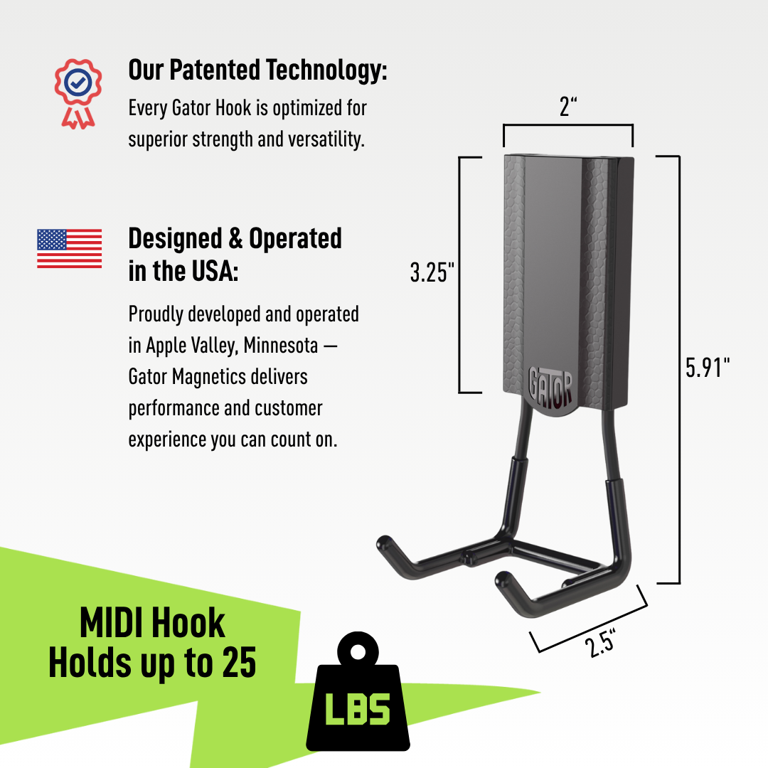 Gator 2.5-inch MIDI open magnetic hook dimension diagram with a 25-pound capacity.