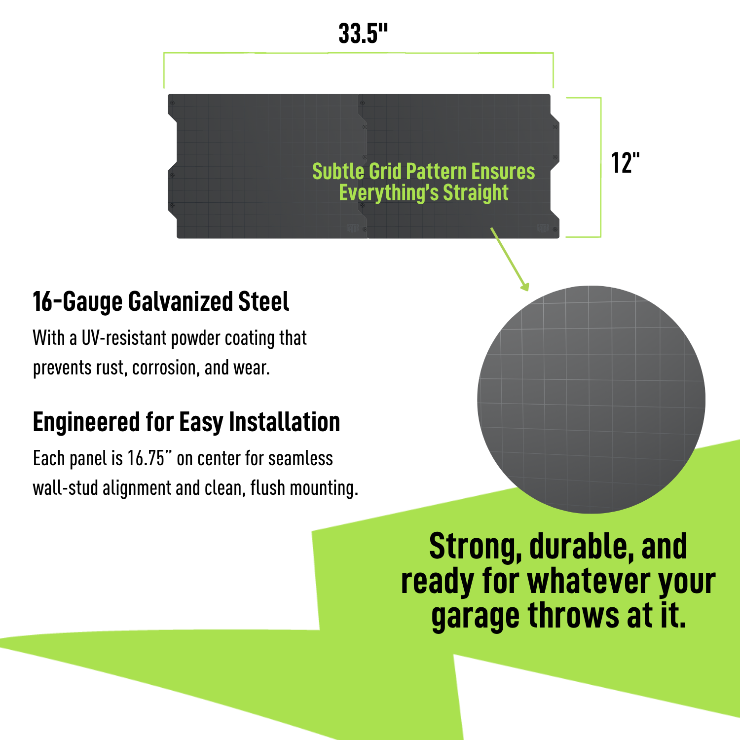 34-inch black steel wall panel system specifications and 16-gauge construction.