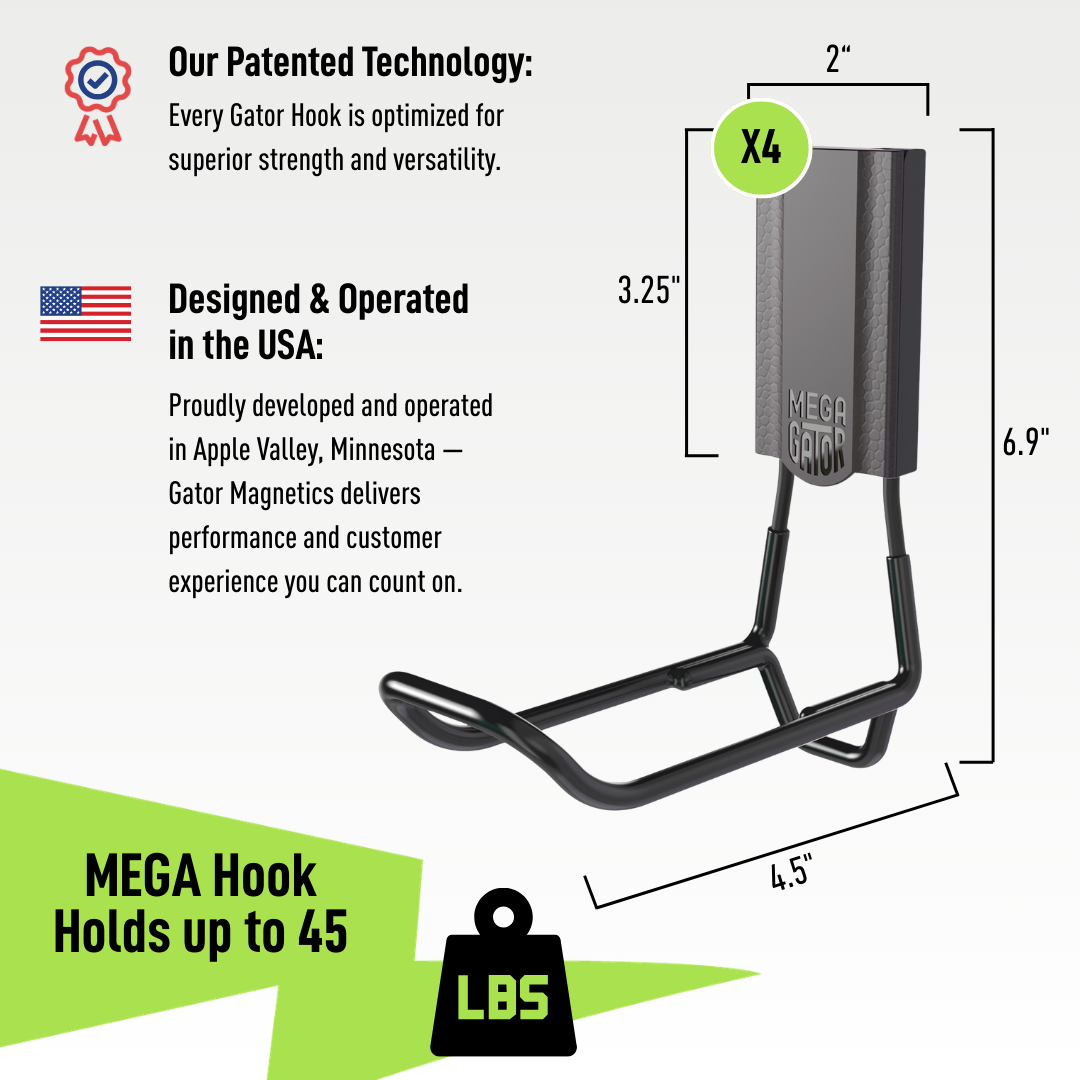 Gator 4.5-inch MEGA closed magnetic hook diagram with labeled dimensions and 45-pound capacity.