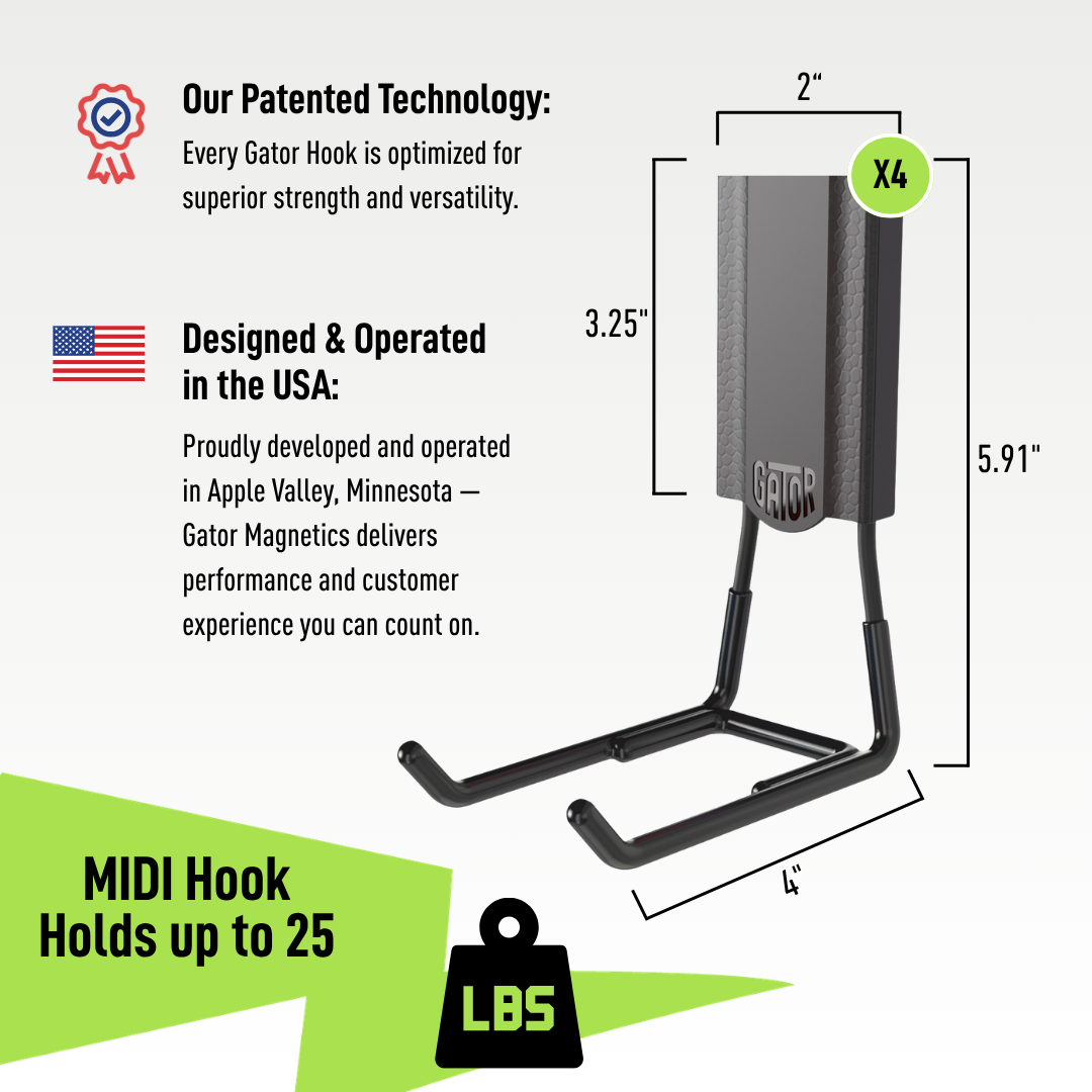 Gator 4-inch MIDI open magnetic hook dimension diagram with a 25-pound capacity.