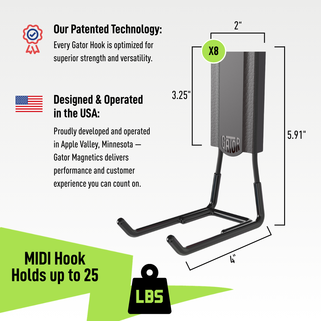 Gator 4-inch MIDI open magnetic hook dimension diagram with a 25-pound capacity.