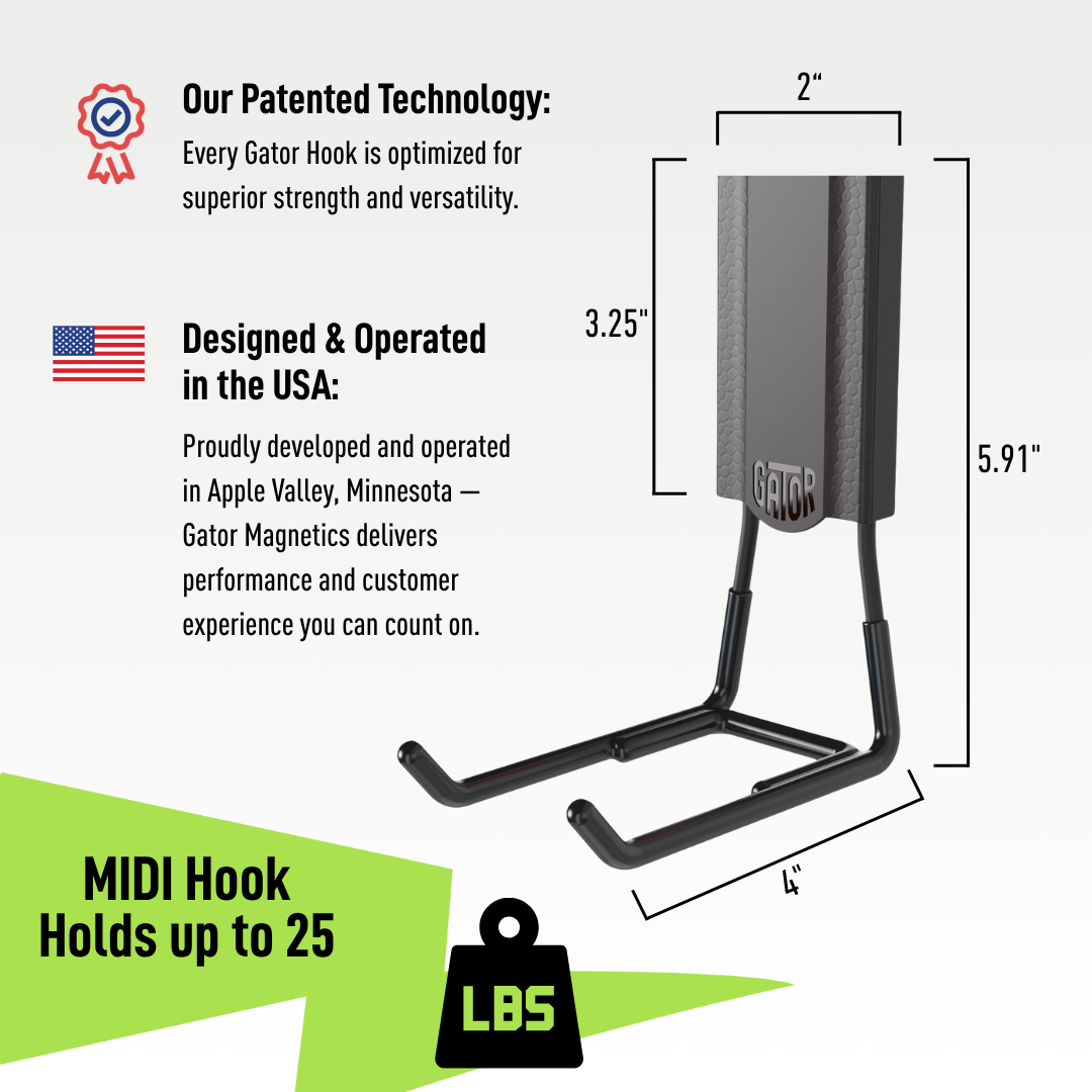 Gator 4-inch MIDI open magnetic hook dimension diagram with a 25-pound capacity.