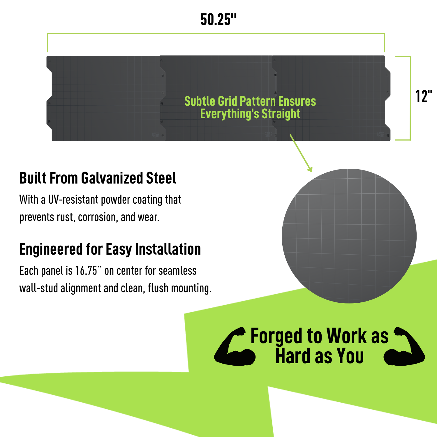 50-inch black steel wall panel system specifications and 16-gauge construction.