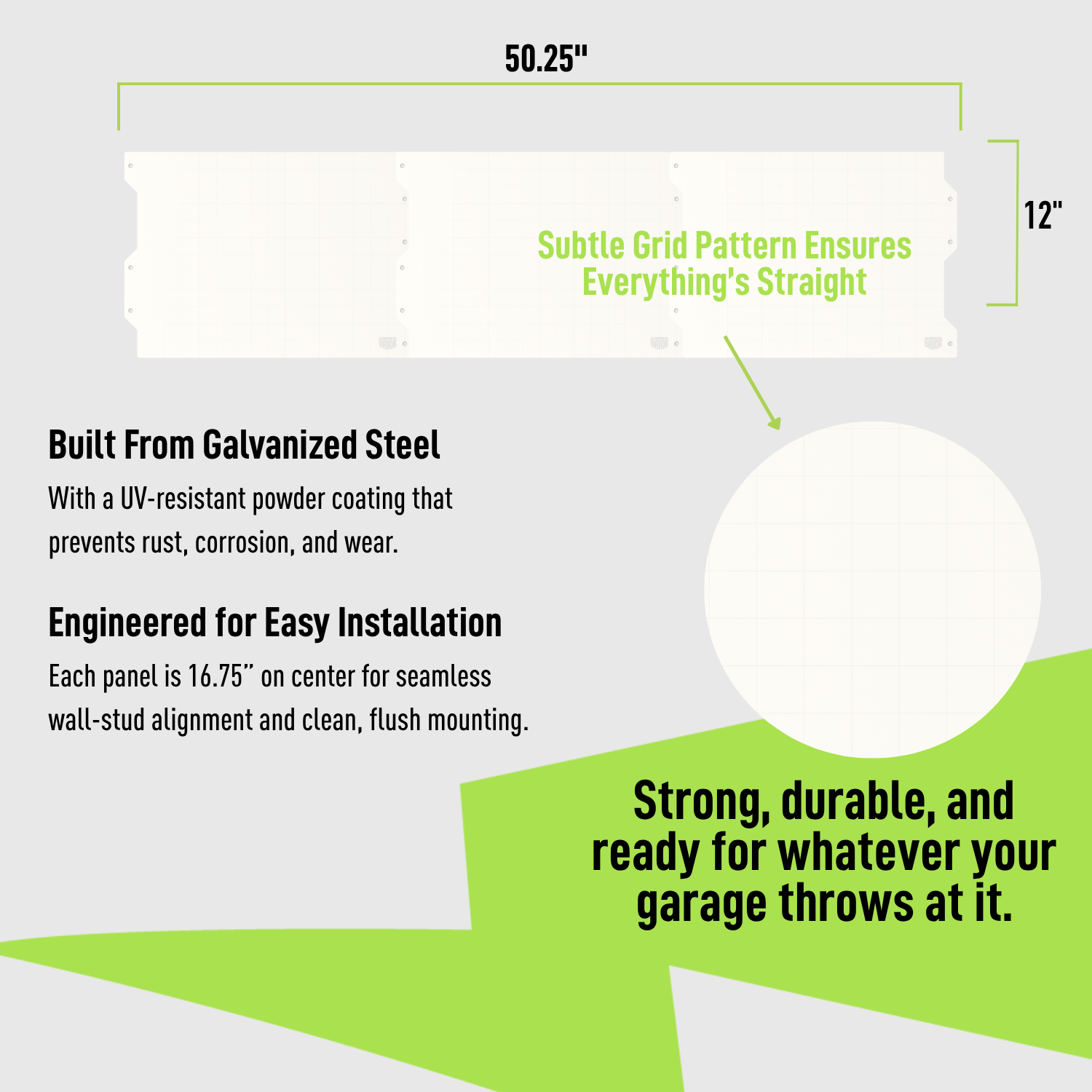50-inch white steel wall panel system specifications and 16-gauge construction.