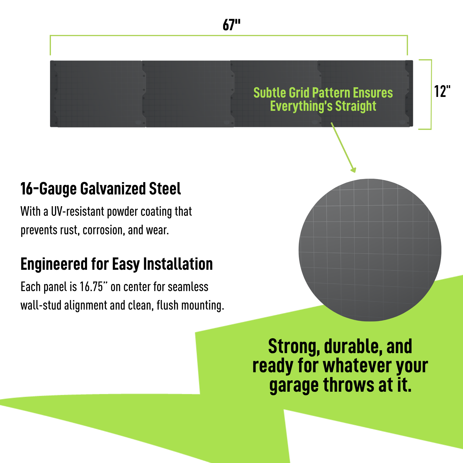 67-inch black steel wall panel system specifications and 16-gauge construction.
