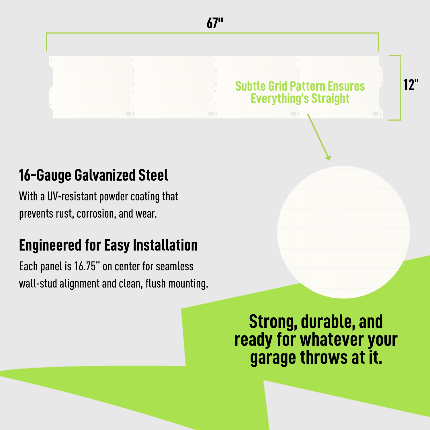 67-inch white steel wall panel system specifications and 16-gauge construction.