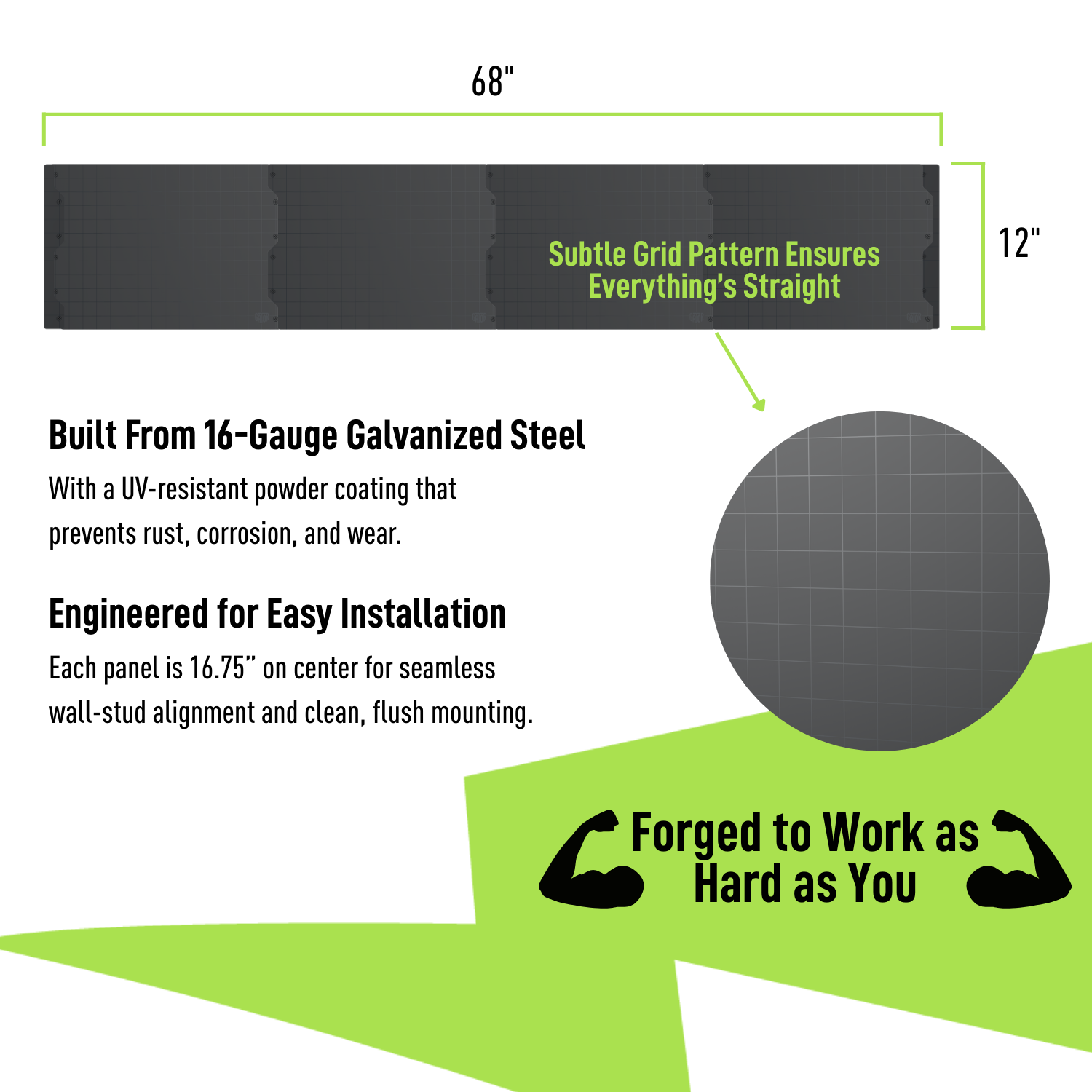 68-inch black steel wall panel system specifications and 16-gauge galvanized steel construction.