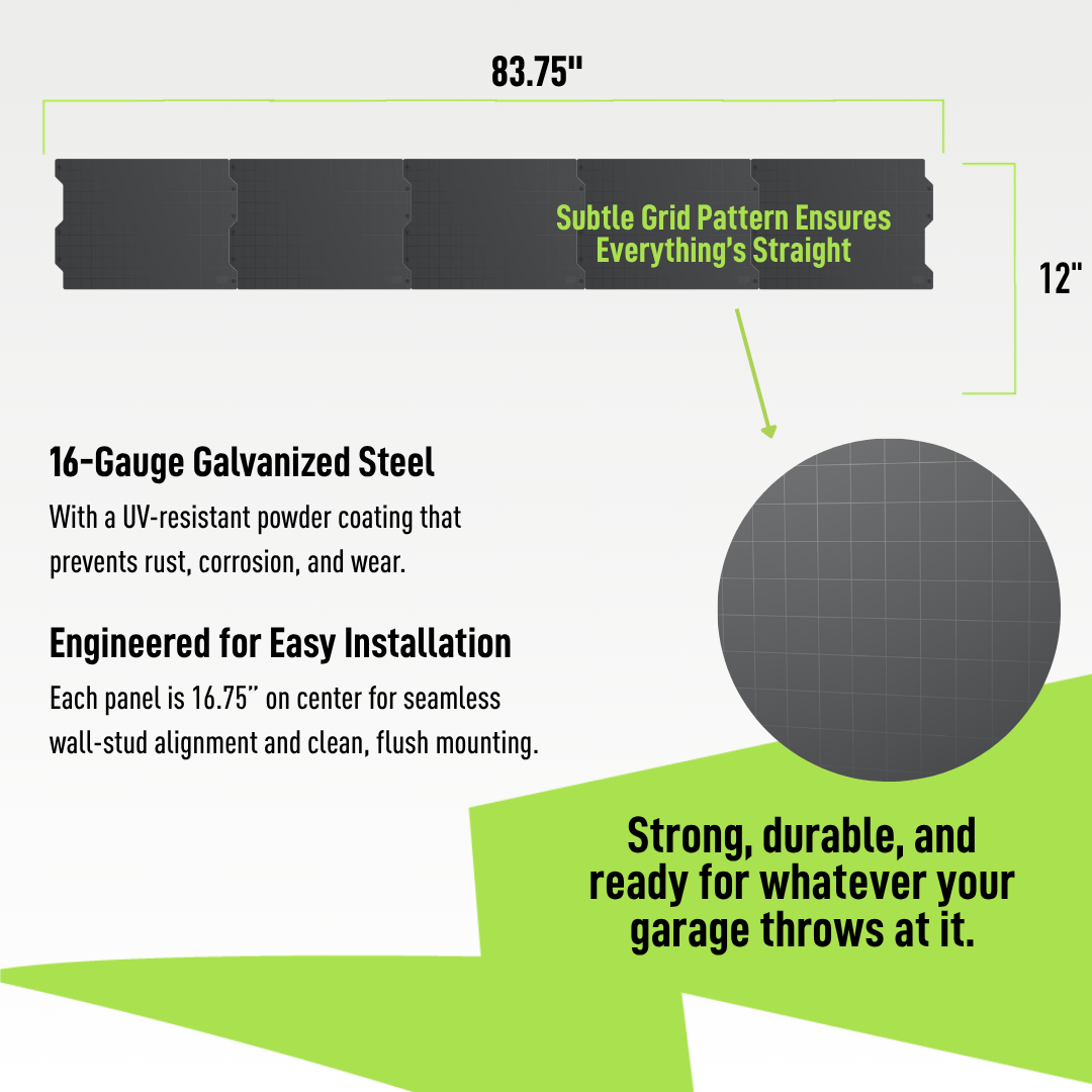 84-inch black steel wall panel system specifications and 16-gauge construction.