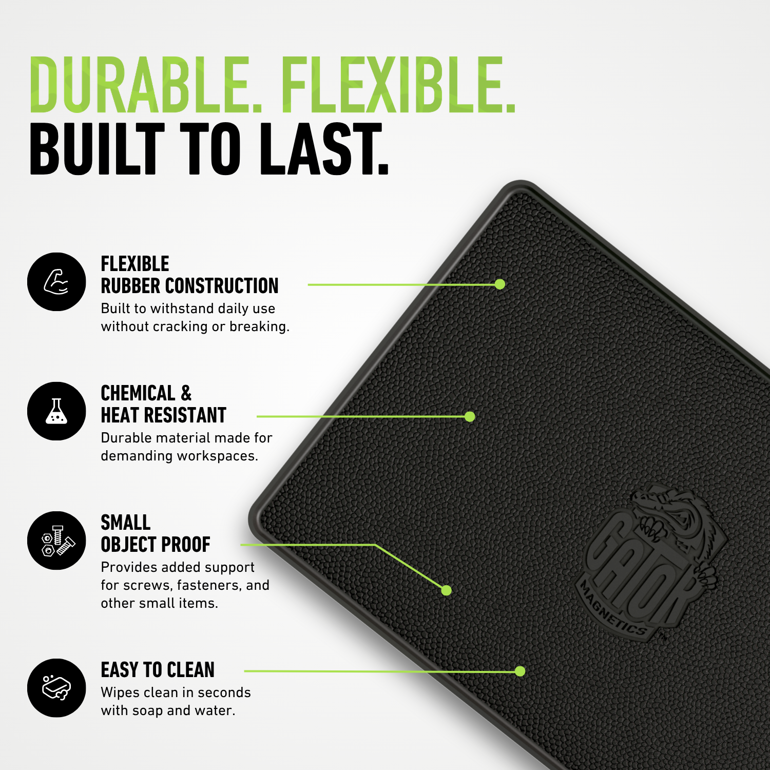 Gator Basket Mat durability, heat resistance, small-part protection and cleaning infographic.