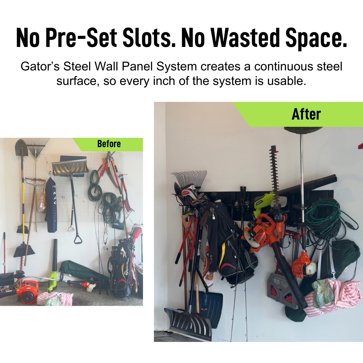 Before-and-after garage wall organized with the Magnetic Garage Storage Starter Kit.