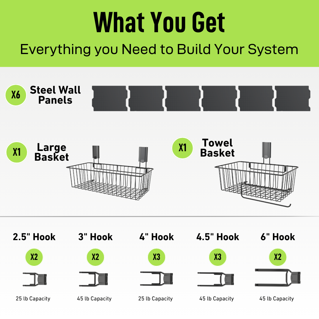 Black 100-inch magnetic wall storage kit contents with steel panels, baskets and hooks.