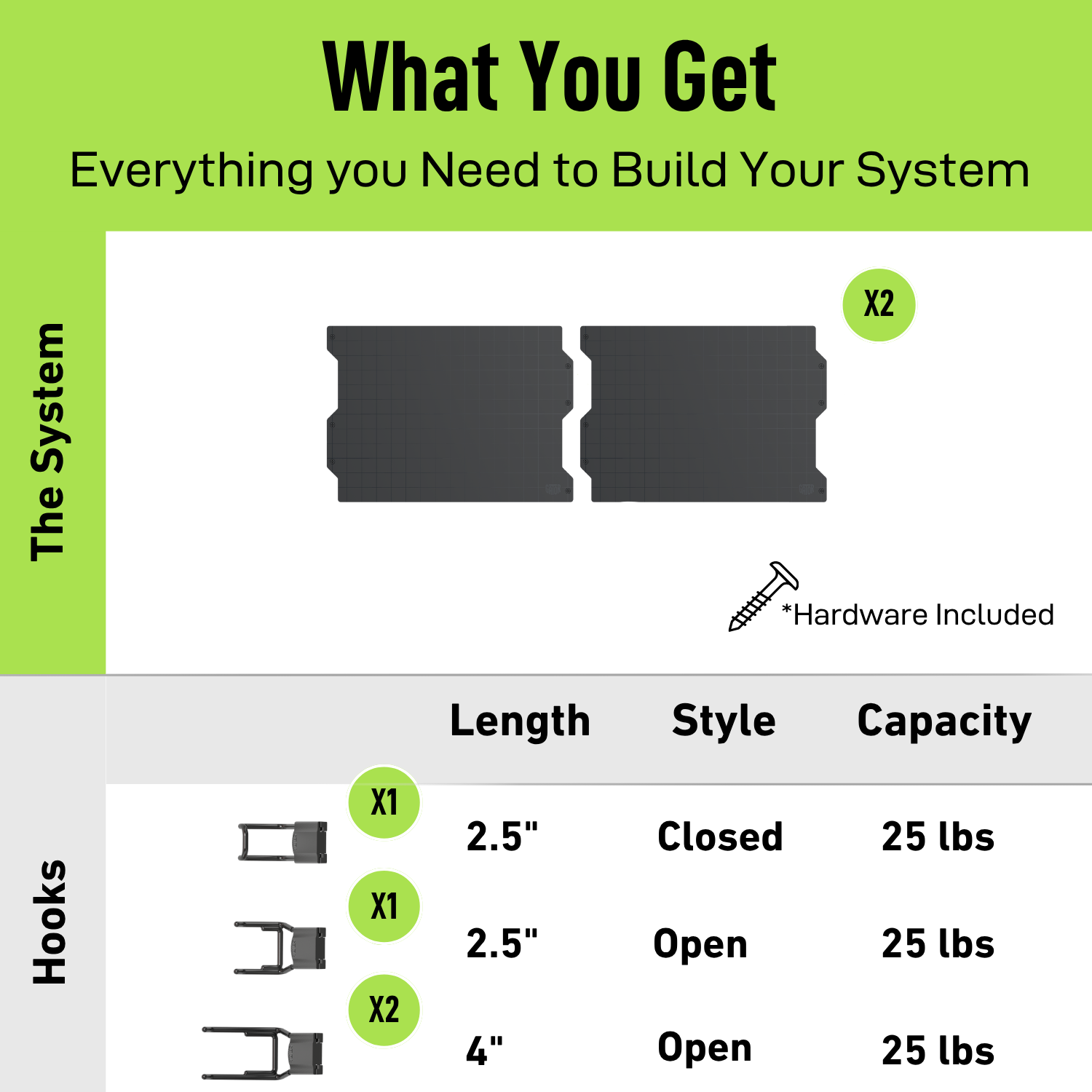 Black 34-inch magnetic wall storage kit contents with steel panels and magnetic hooks.
