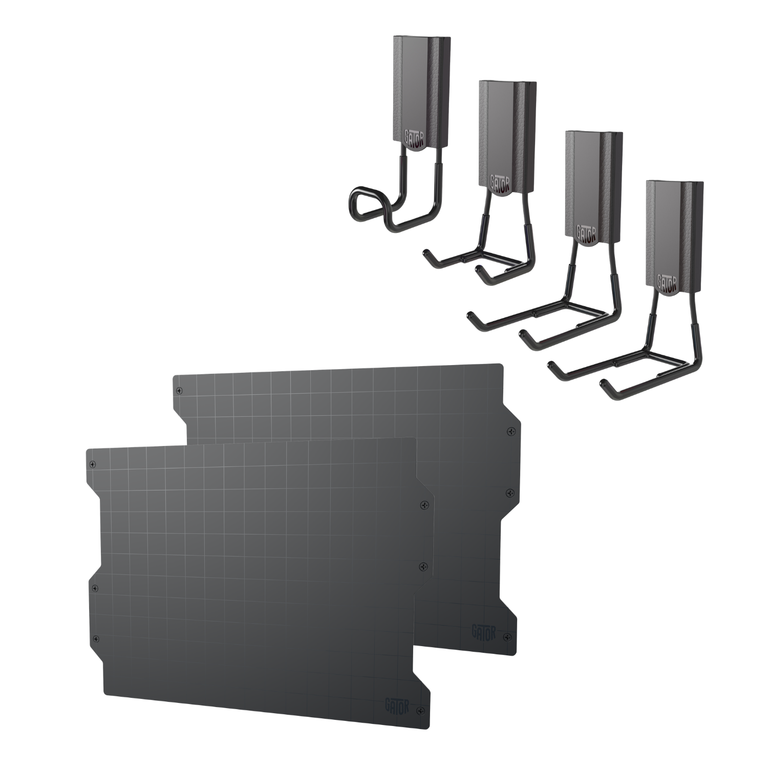 Black 34-inch magnetic wall storage kit with two steel panels and four magnetic hooks.