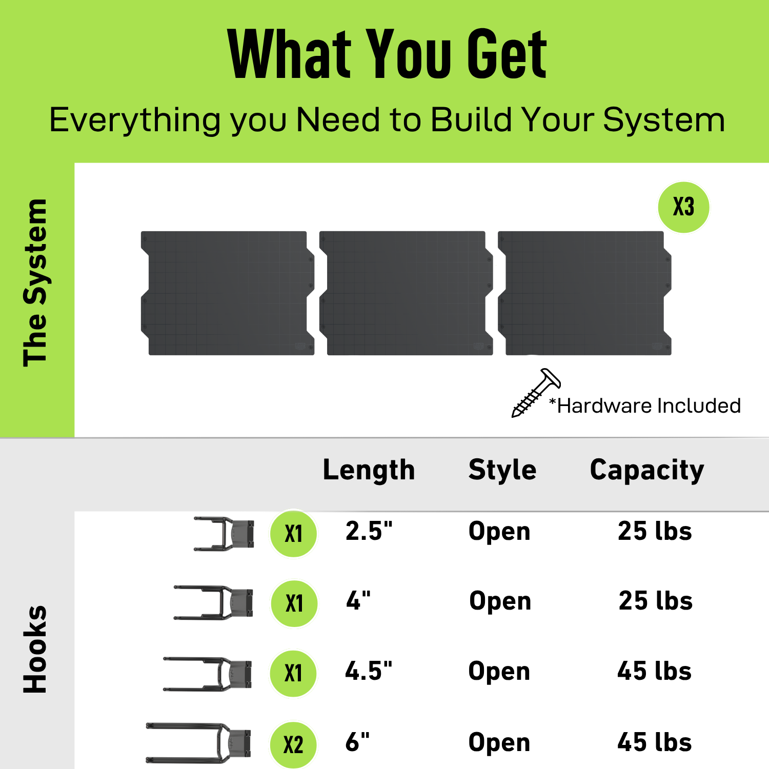 Black 50-inch magnetic wall storage kit contents with steel panels and magnetic hooks.