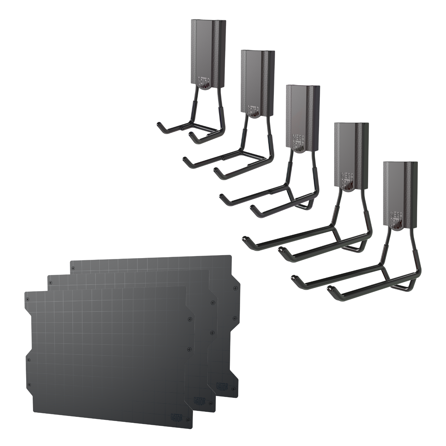 Black 50-inch magnetic wall storage kit with three steel panels and magnetic hooks.