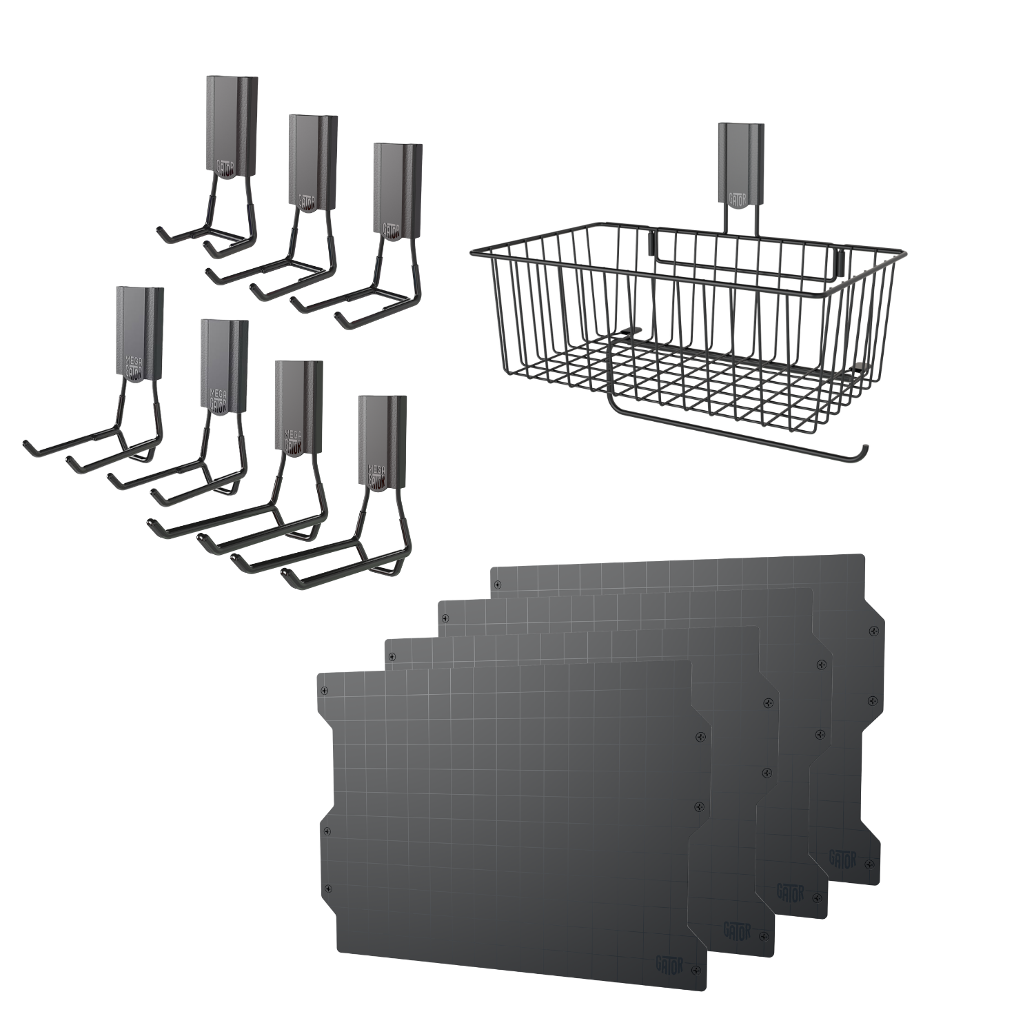 Black 67-inch magnetic wall storage kit with steel panels, hooks and a basket.