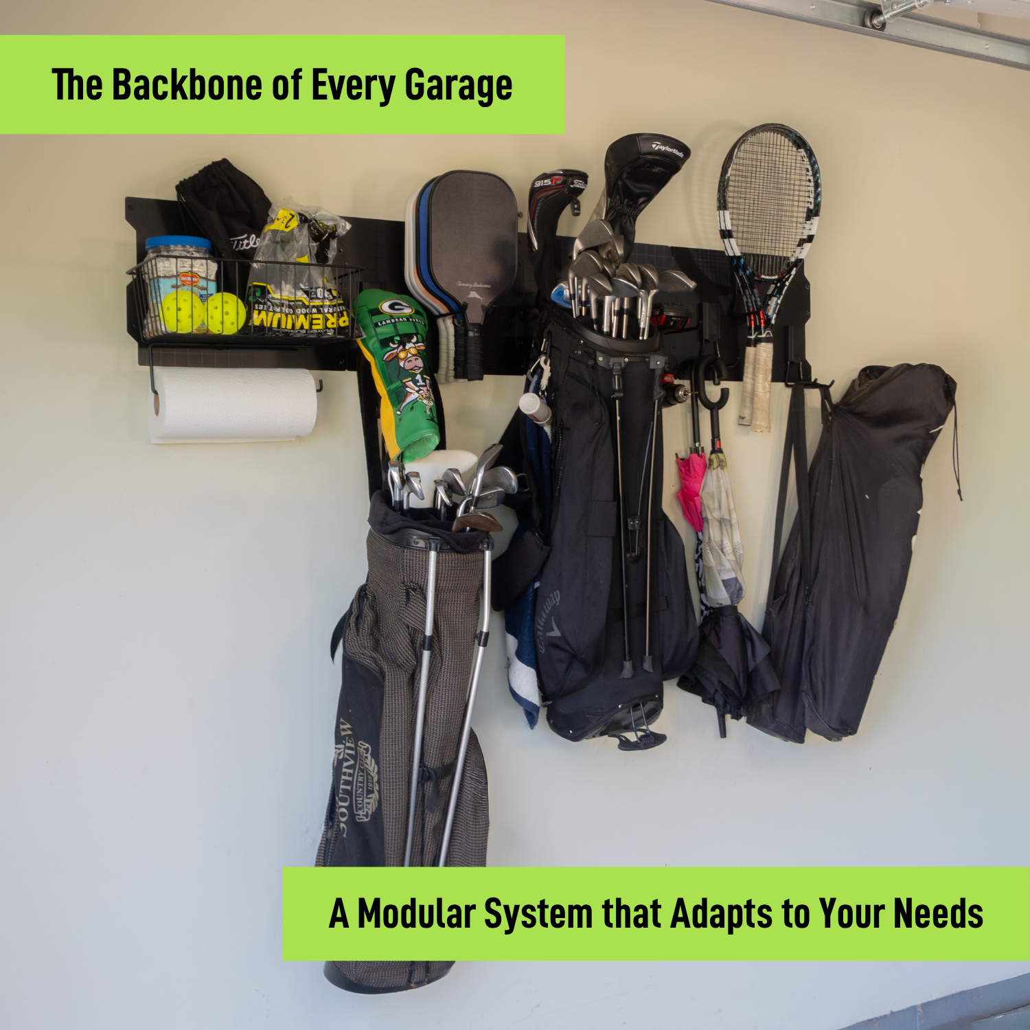 Black 67-inch magnetic wall storage system holding sports gear, golf bags and yard tools.