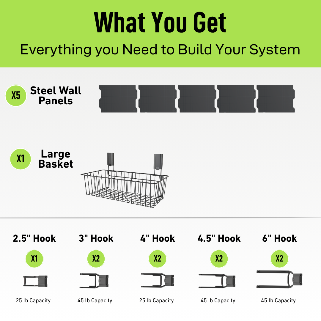Black 84-inch magnetic wall storage kit contents with steel panels, baskets and hooks.