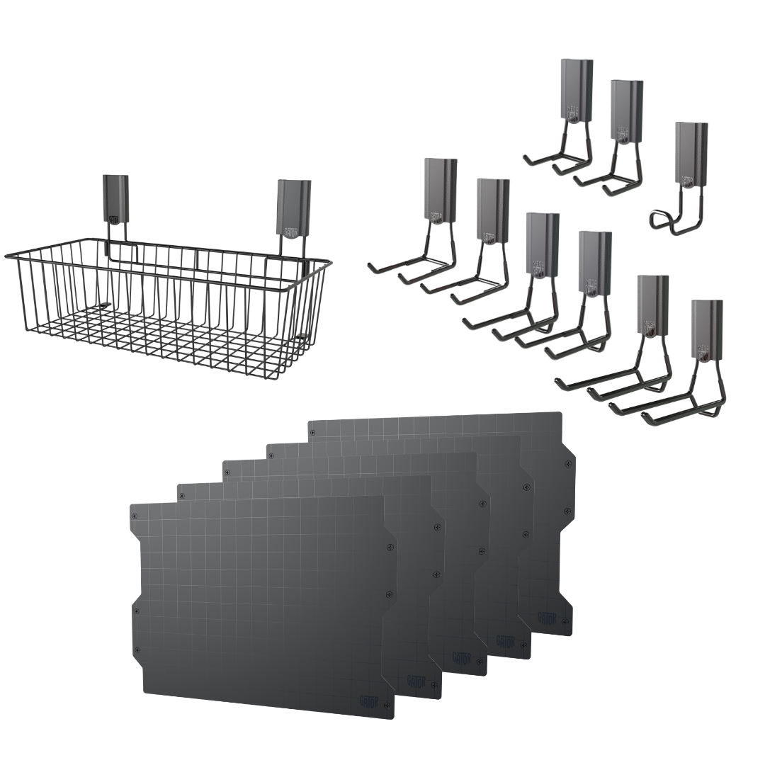 Black 84-inch magnetic wall storage kit with steel panels, hooks, a basket and edge caps.