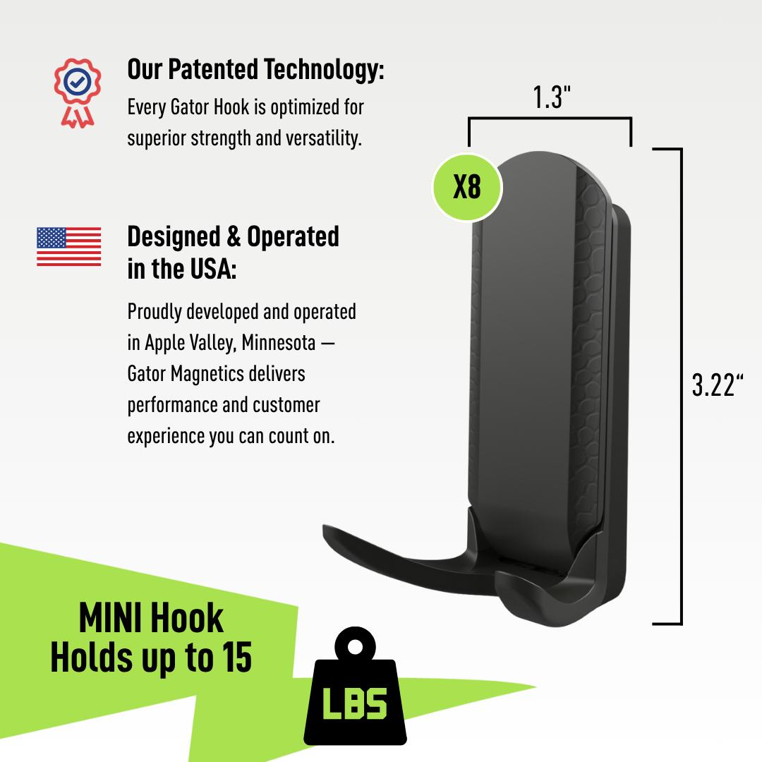 Black Gator Dual Prong MINI magnetic hook diagram showing dimensions and a 15-pound capacity on steel.