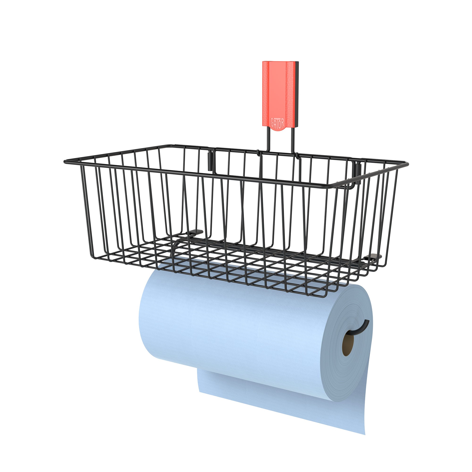 Black Gator magnetic basket with towel bar holding blue shop towels on a steel wall panel.