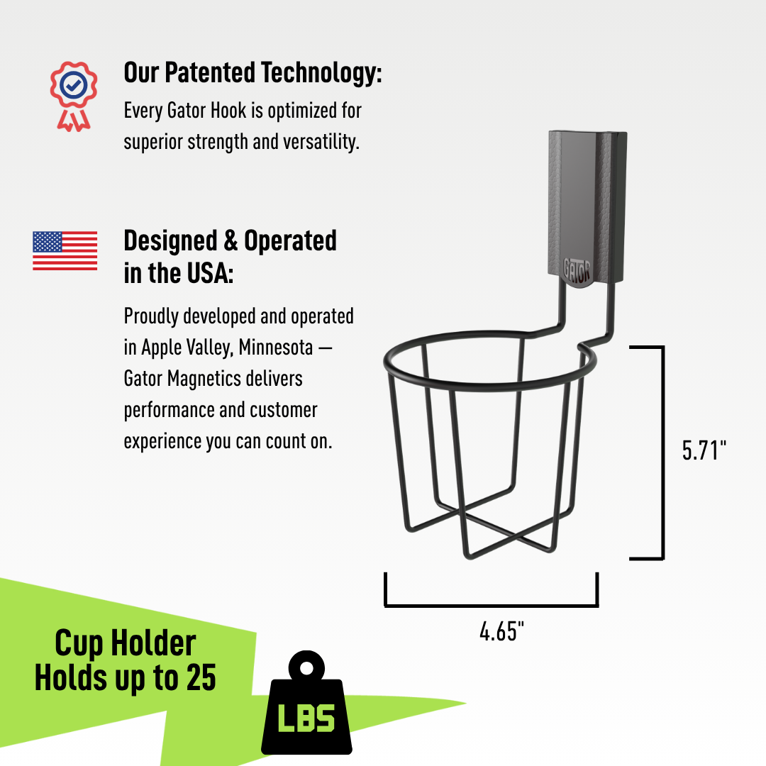 Black Gator magnetic cup holder dimension diagram with a 25-pound capacity.