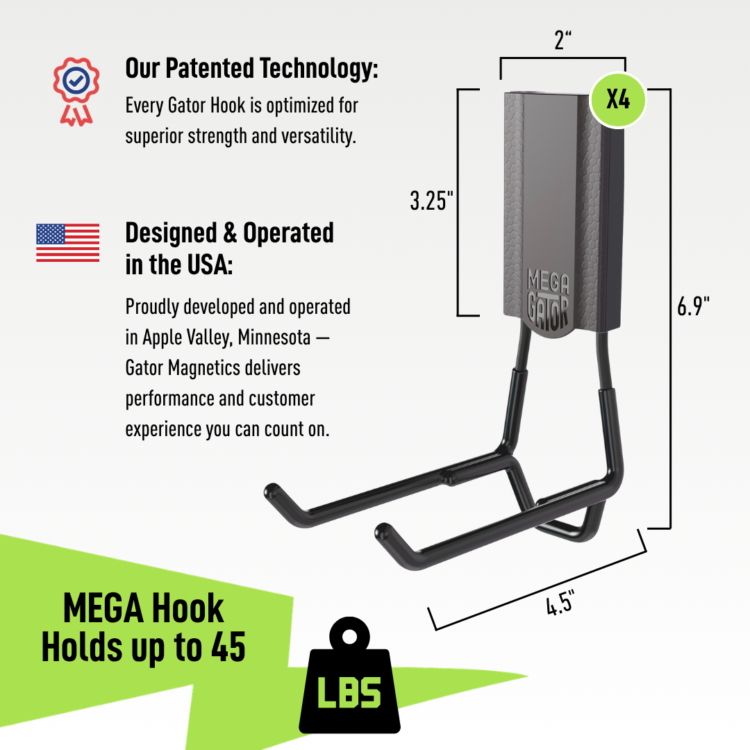 A black Gator Magnetics magnetic hook shown with dimensions 6.9" height, 4.5" width, and 2" depth.