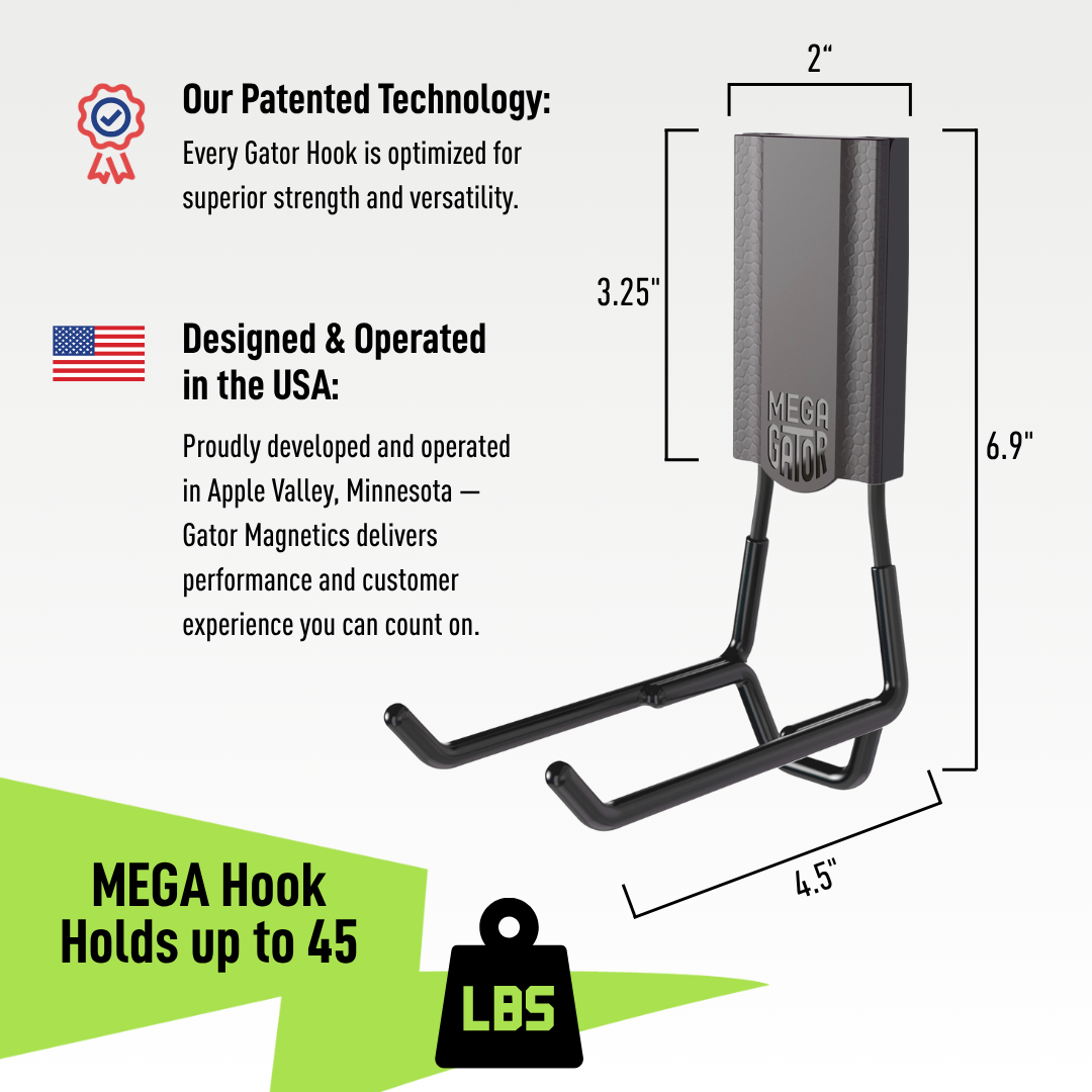 A black Gator Magnetics magnetic hook shown with dimensions 6.9" height, 4.5" width, and 2" depth.