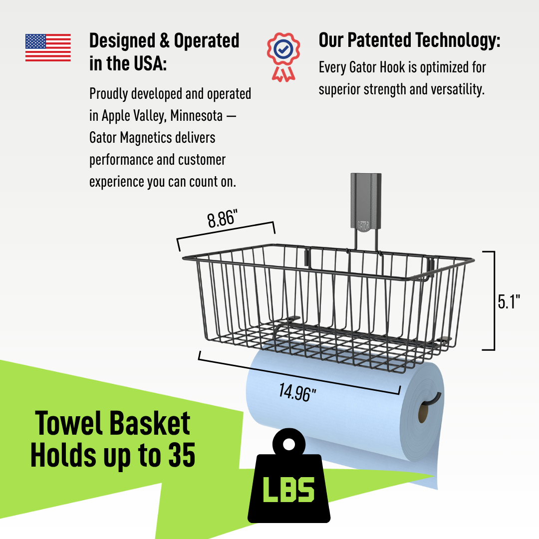 A black Gator Magnetics magnetic storage basket hangs on a steel wall panel system, holding a roll of blue shop towels beneath it.