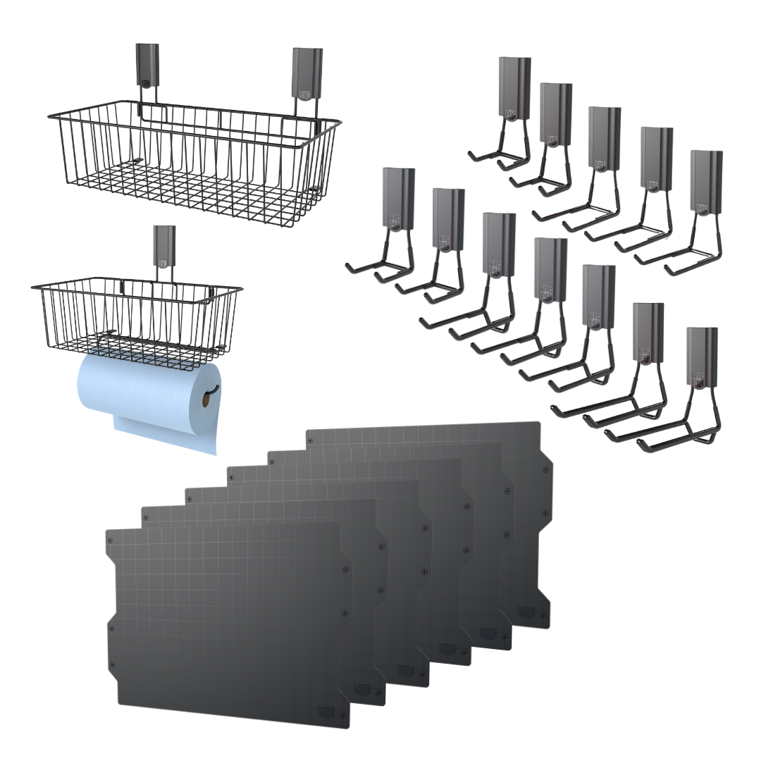 Black magnetic wall storage kit with steel panels, baskets and heavy-duty magnetic hooks.