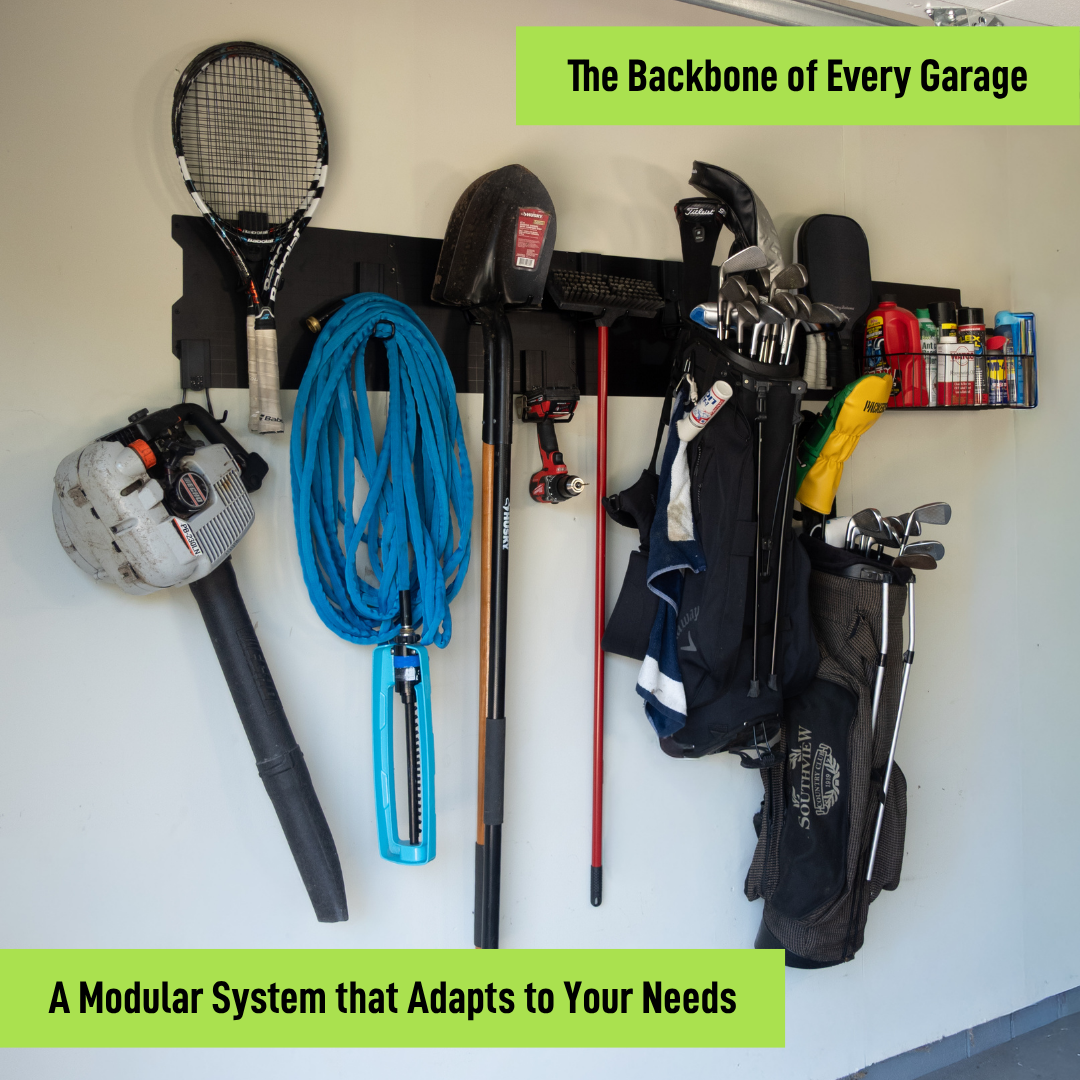 Black magnetic wall storage system organizing a hose, yard tools, sports gear and golf bags.