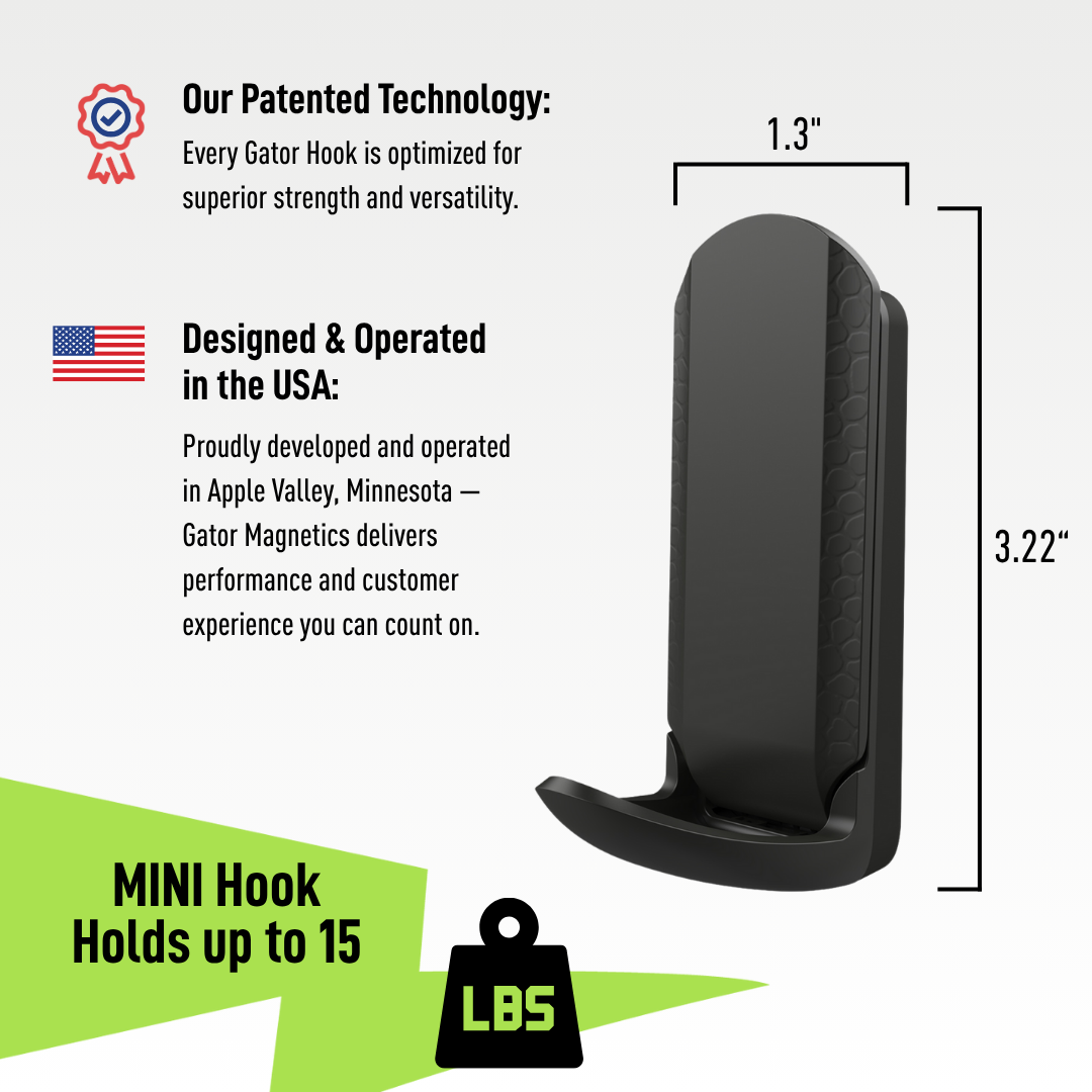 Black Gator MINI magnetic hook dimension diagram showing 1.3-inch width and 3.22-inch height.