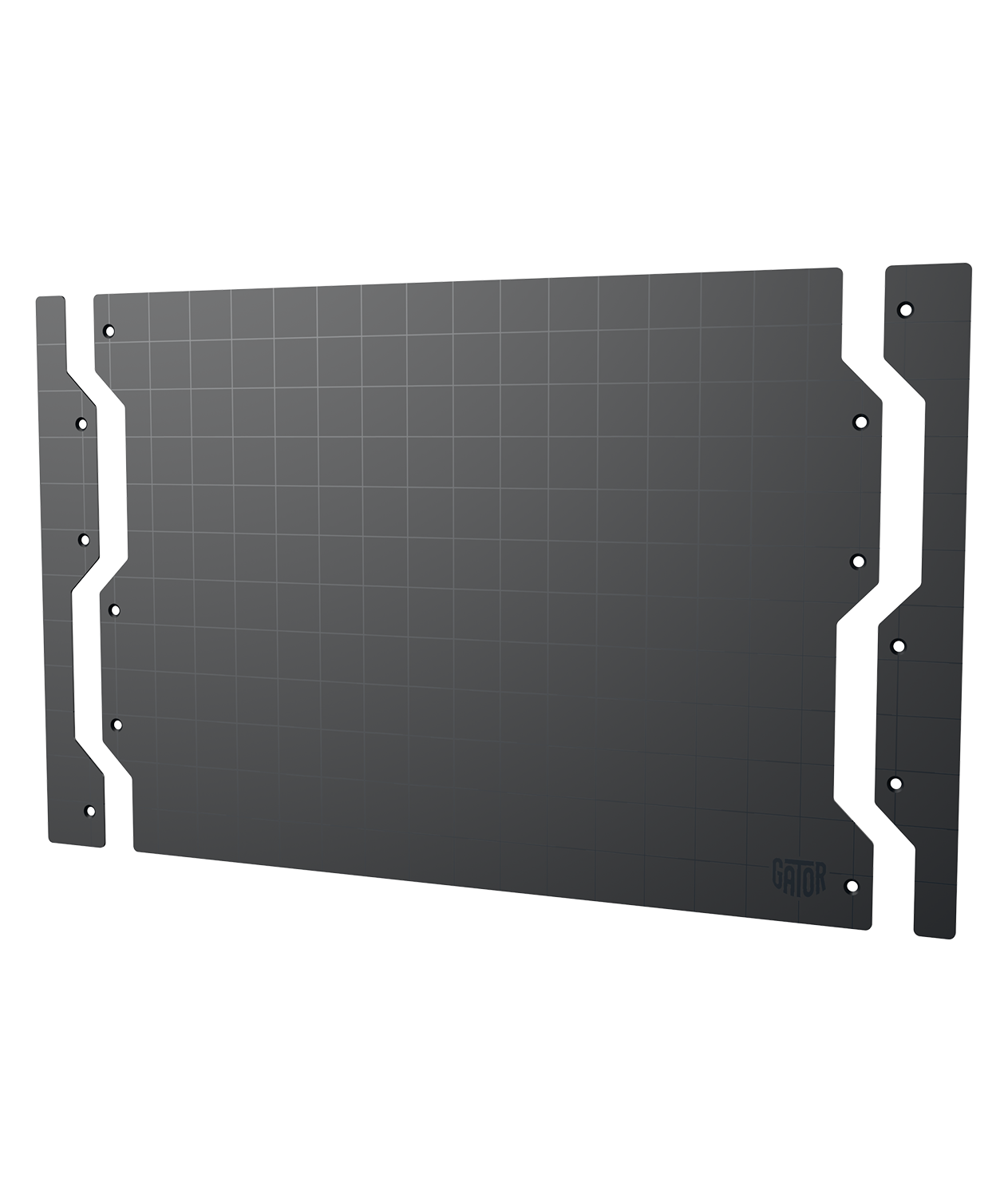 Black Gator Magnetics steel wall panel and two matching edge caps shown uninstalled on a white background.