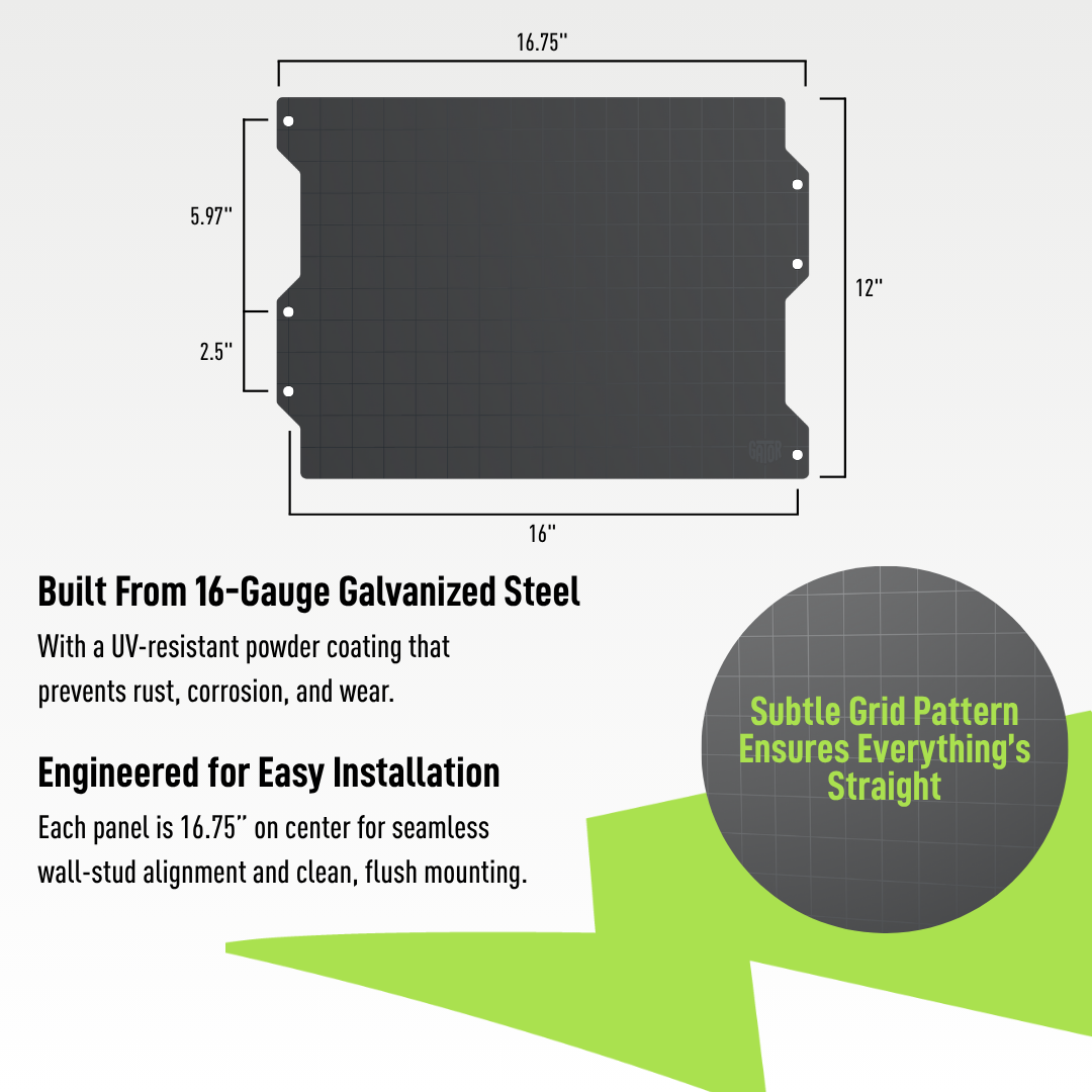 Diagram of a Gator Magnetics steel wall panel measuring 16.75 inches wide by 12 inches tall with 16-gauge galvanized steel construction.