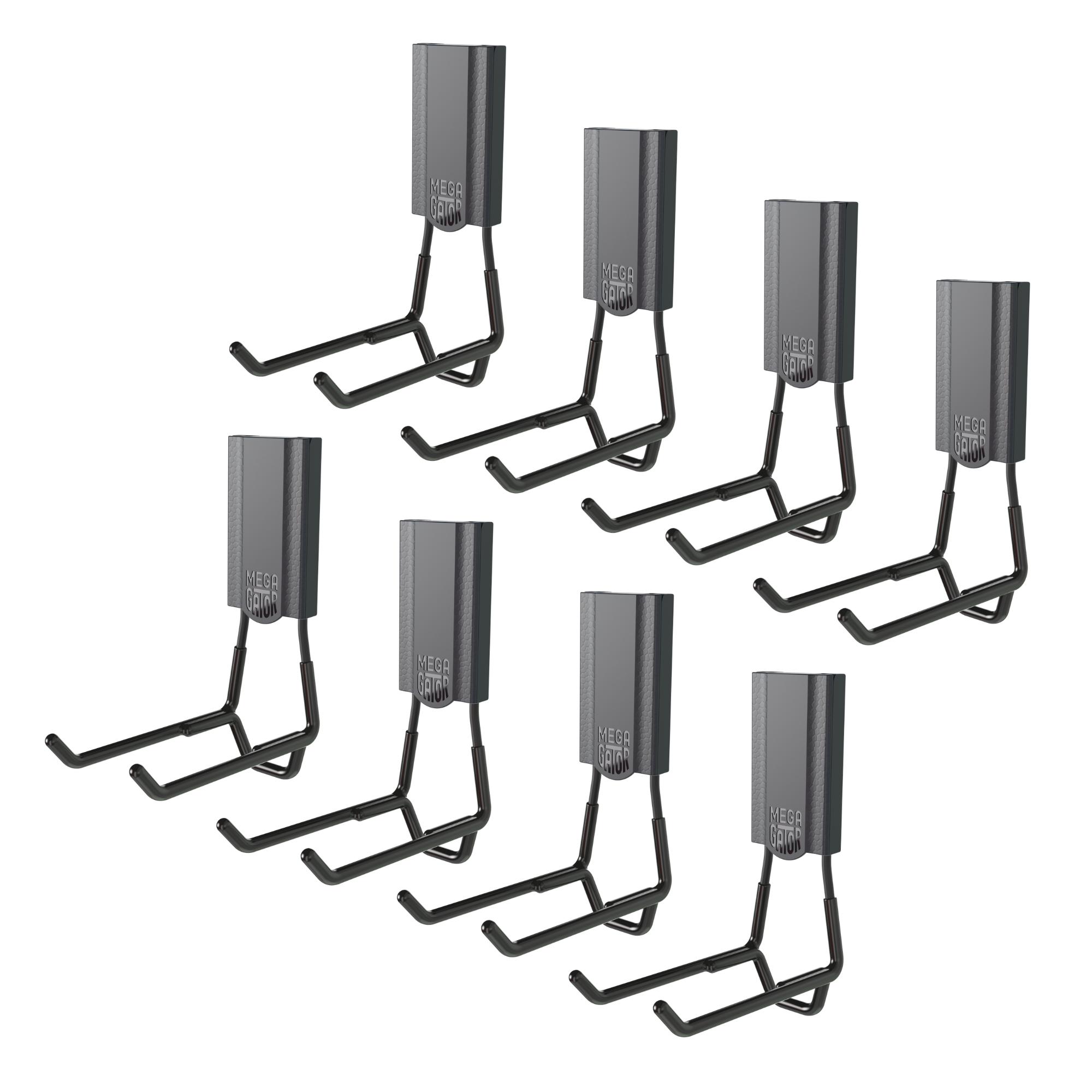 Eight black 4.5-inch MEGA open heavy-duty magnetic hooks on a white background.