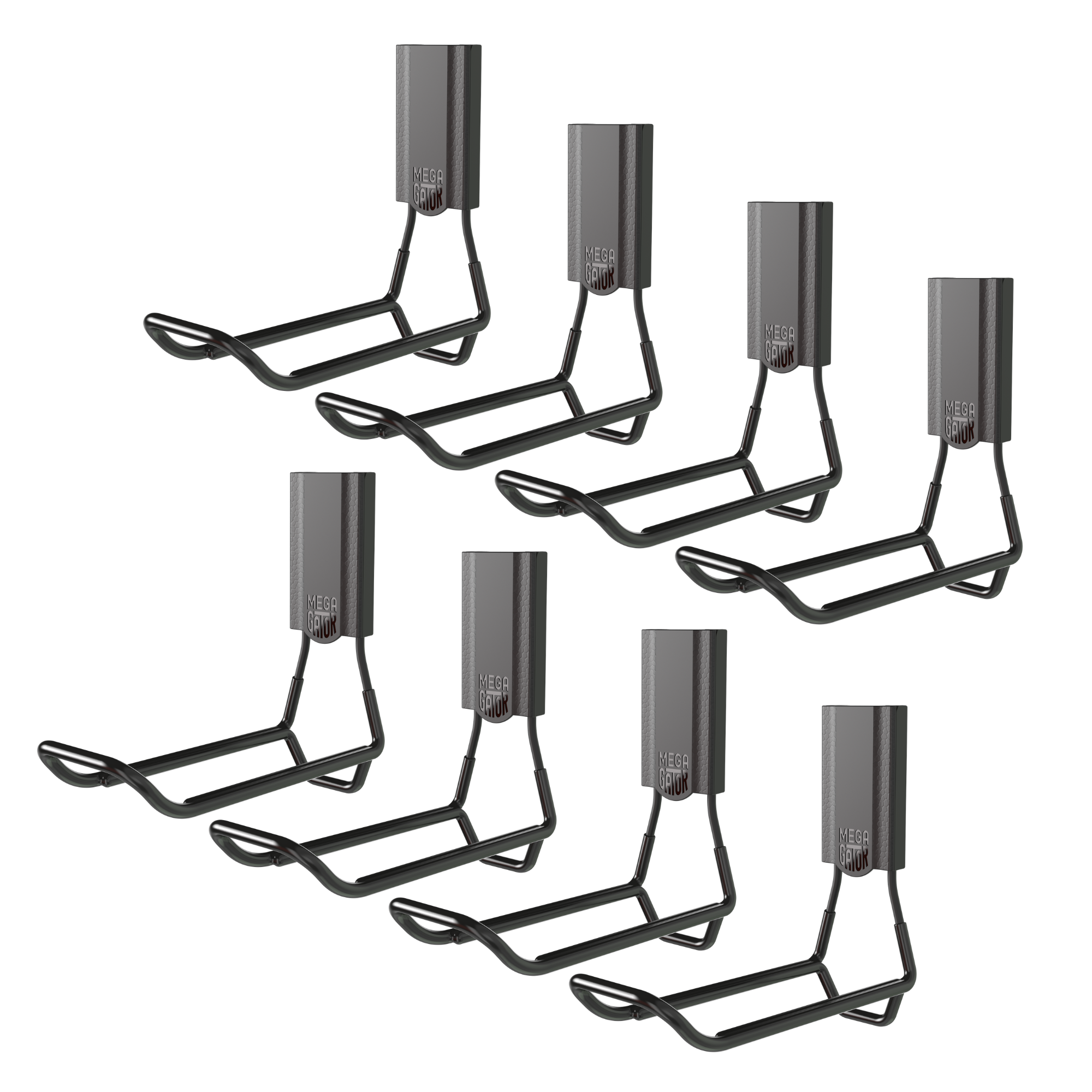 Eight black 6-inch MEGA closed heavy-duty magnetic hooks on a white background.