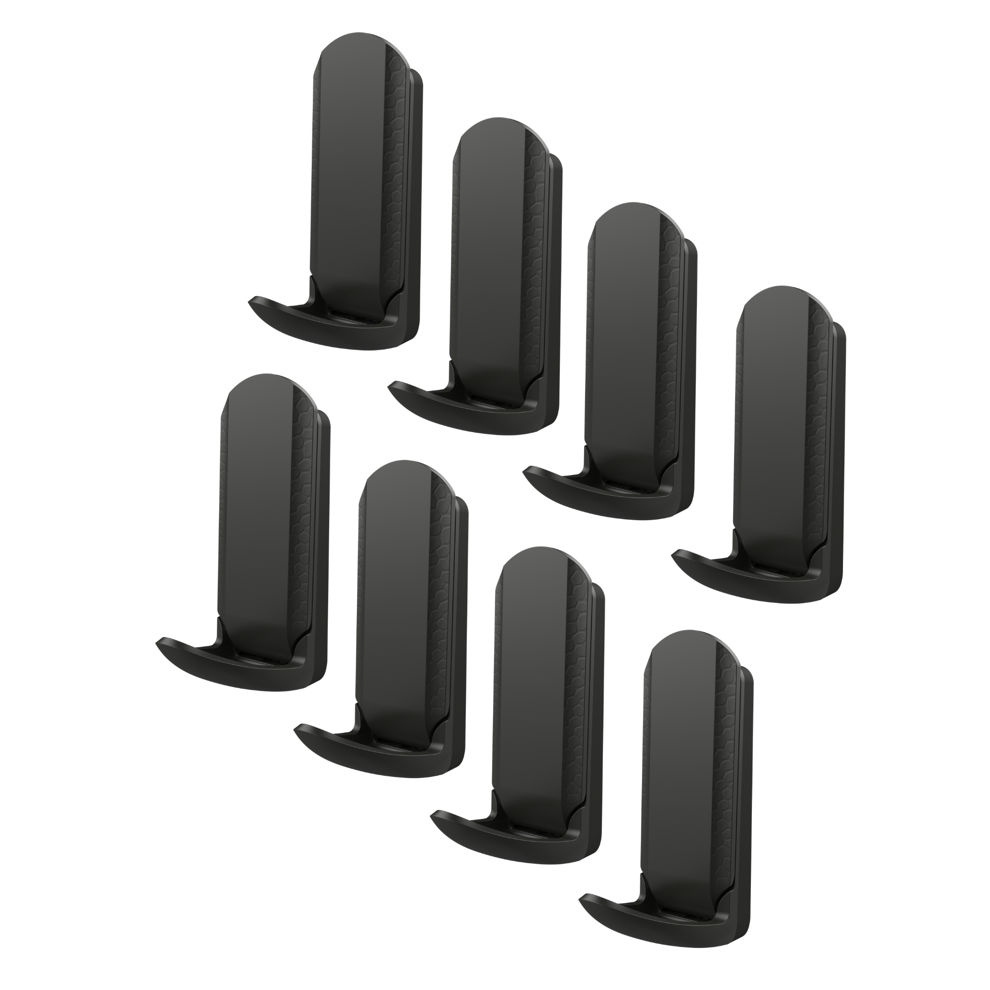 Eight black Gator MINI magnetic hooks on a white background.