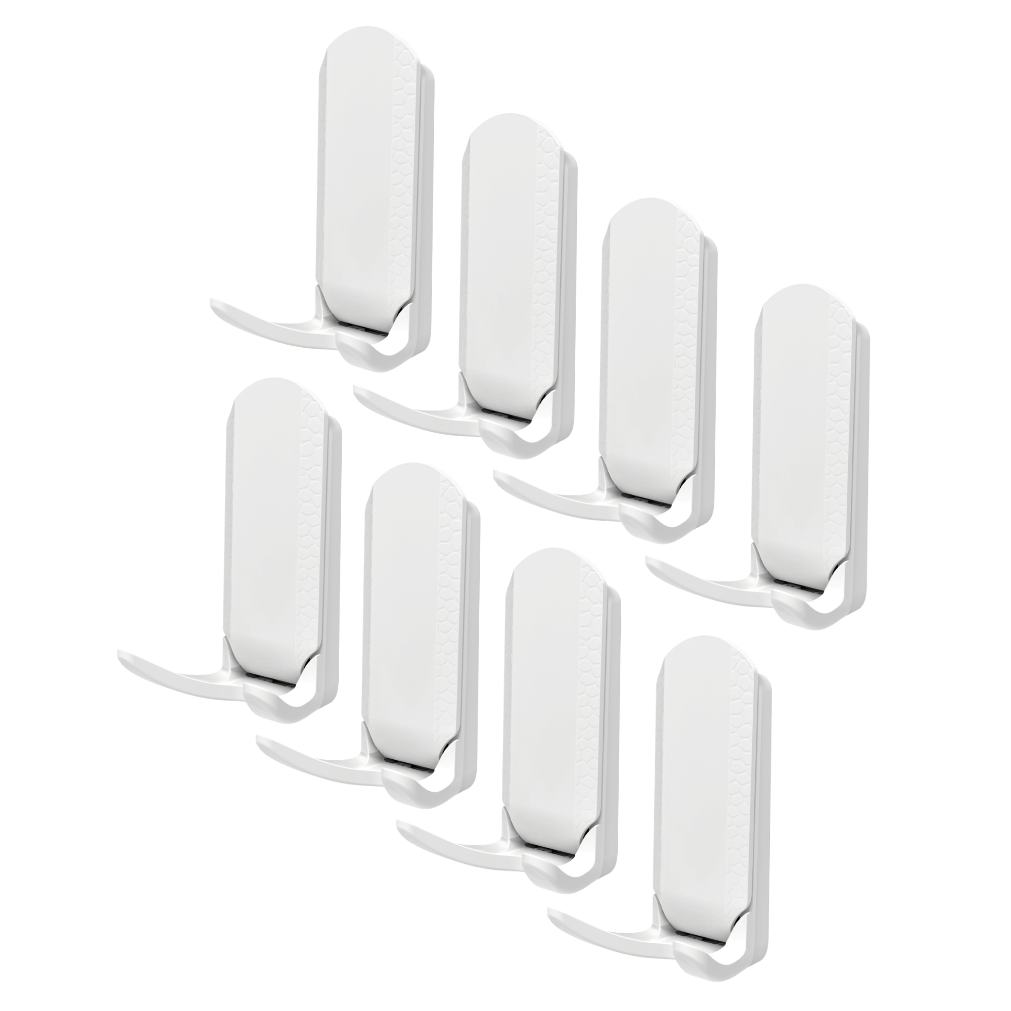 Eight white Dual Prong MINI magnetic hooks on a white background.