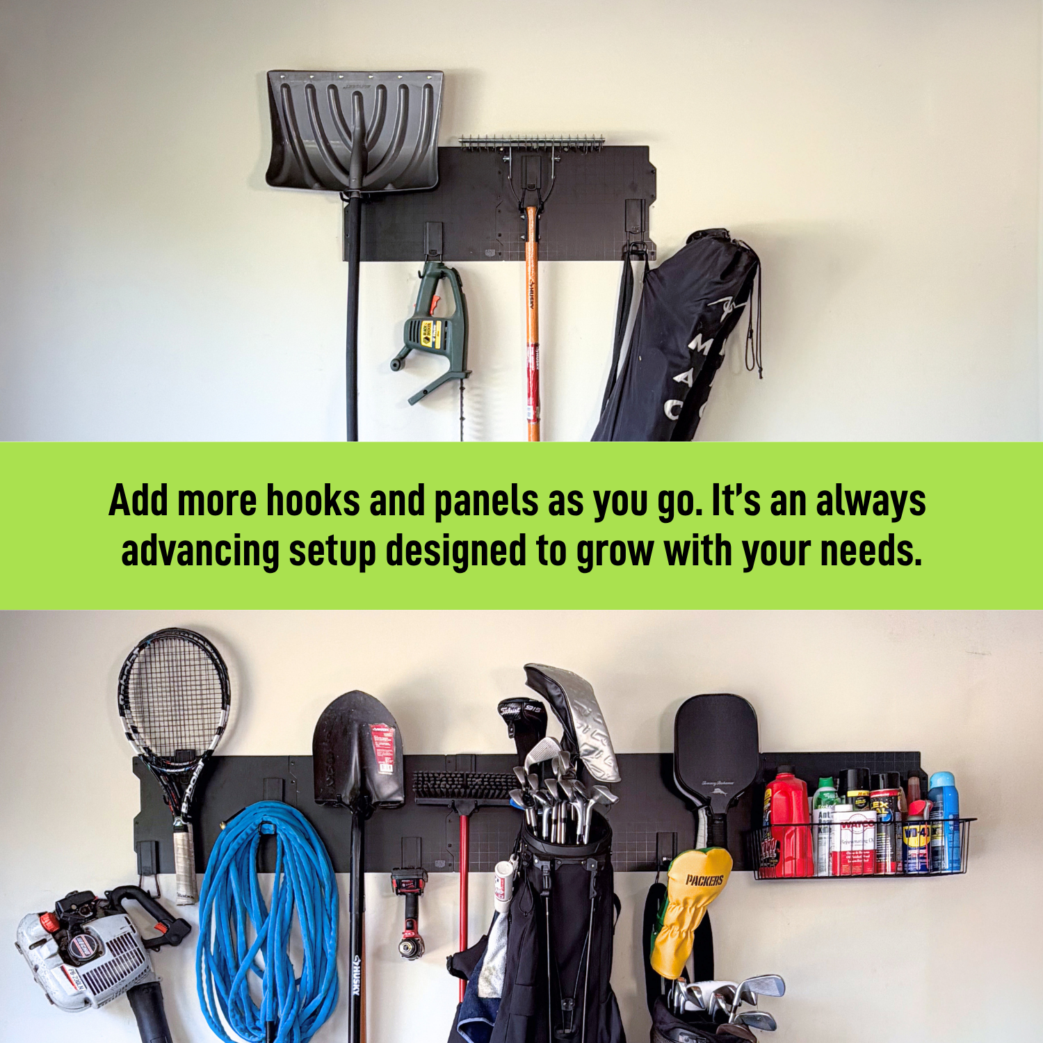 Expandable black magnetic wall storage system shown growing as storage needs change.